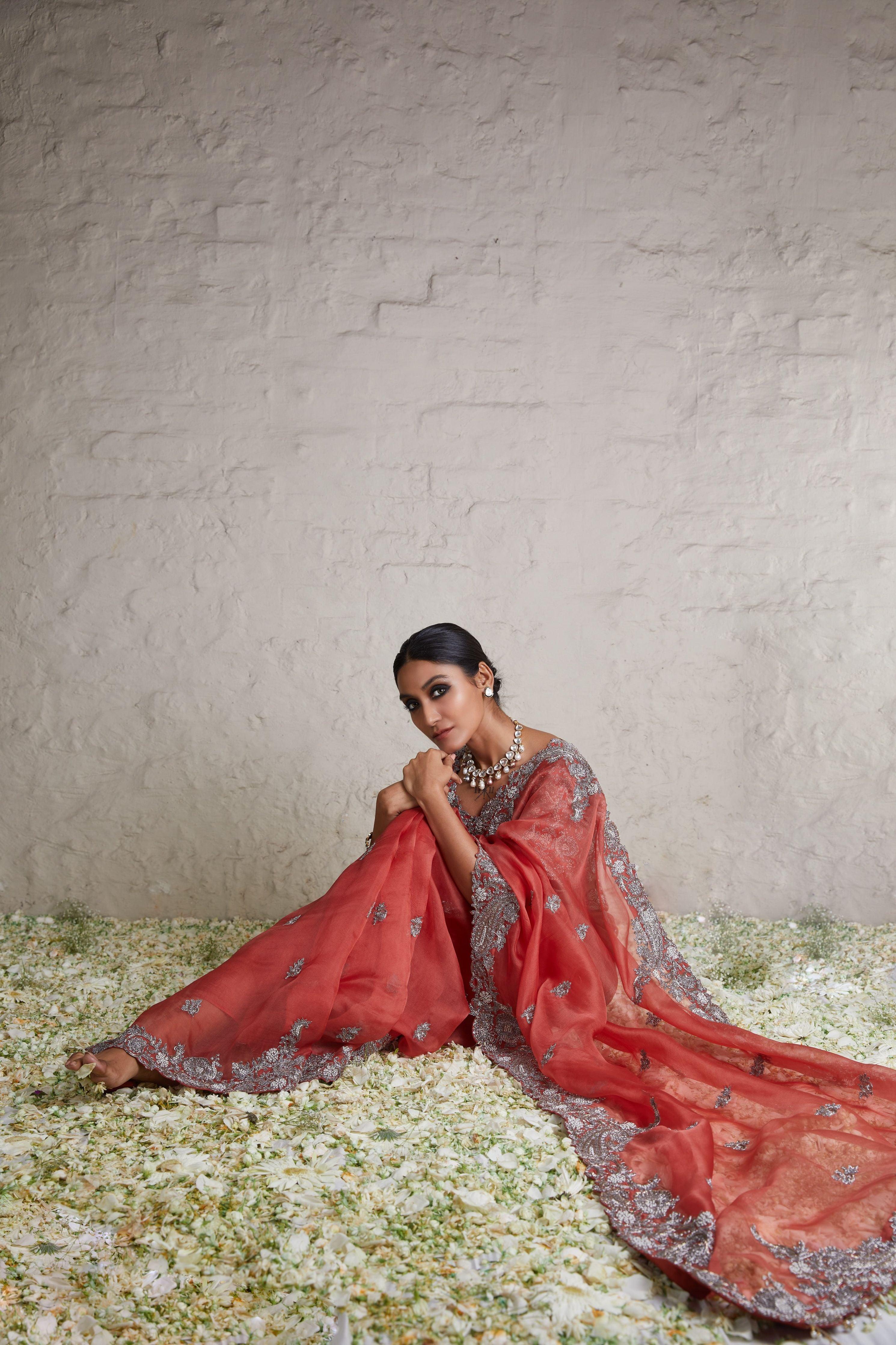 Burnt Orange Silk Blouse With Organza Saree - Mokshaa