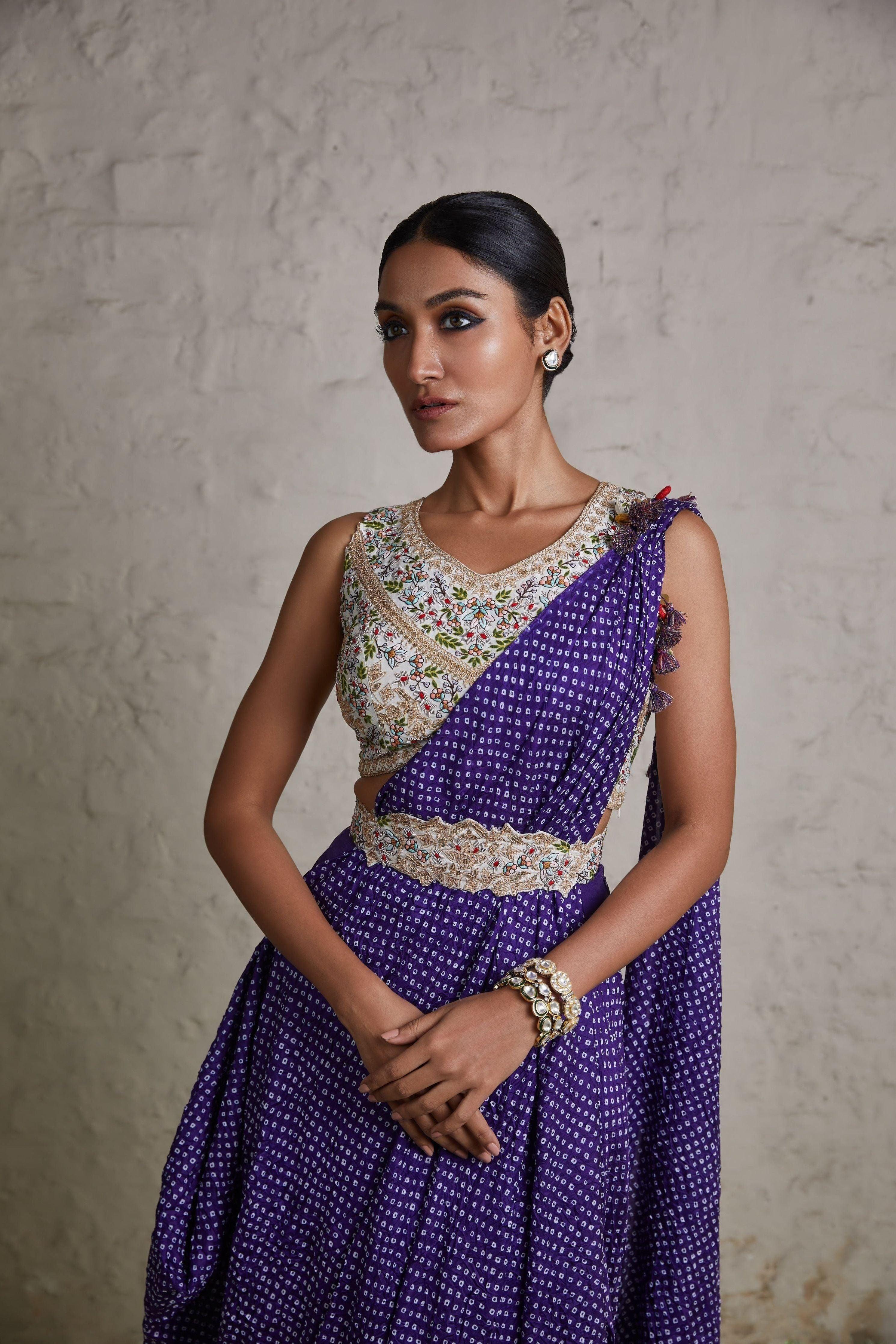 Aubergine Silk Blouse With Bandhej Skirt And Drape - Mokshaa