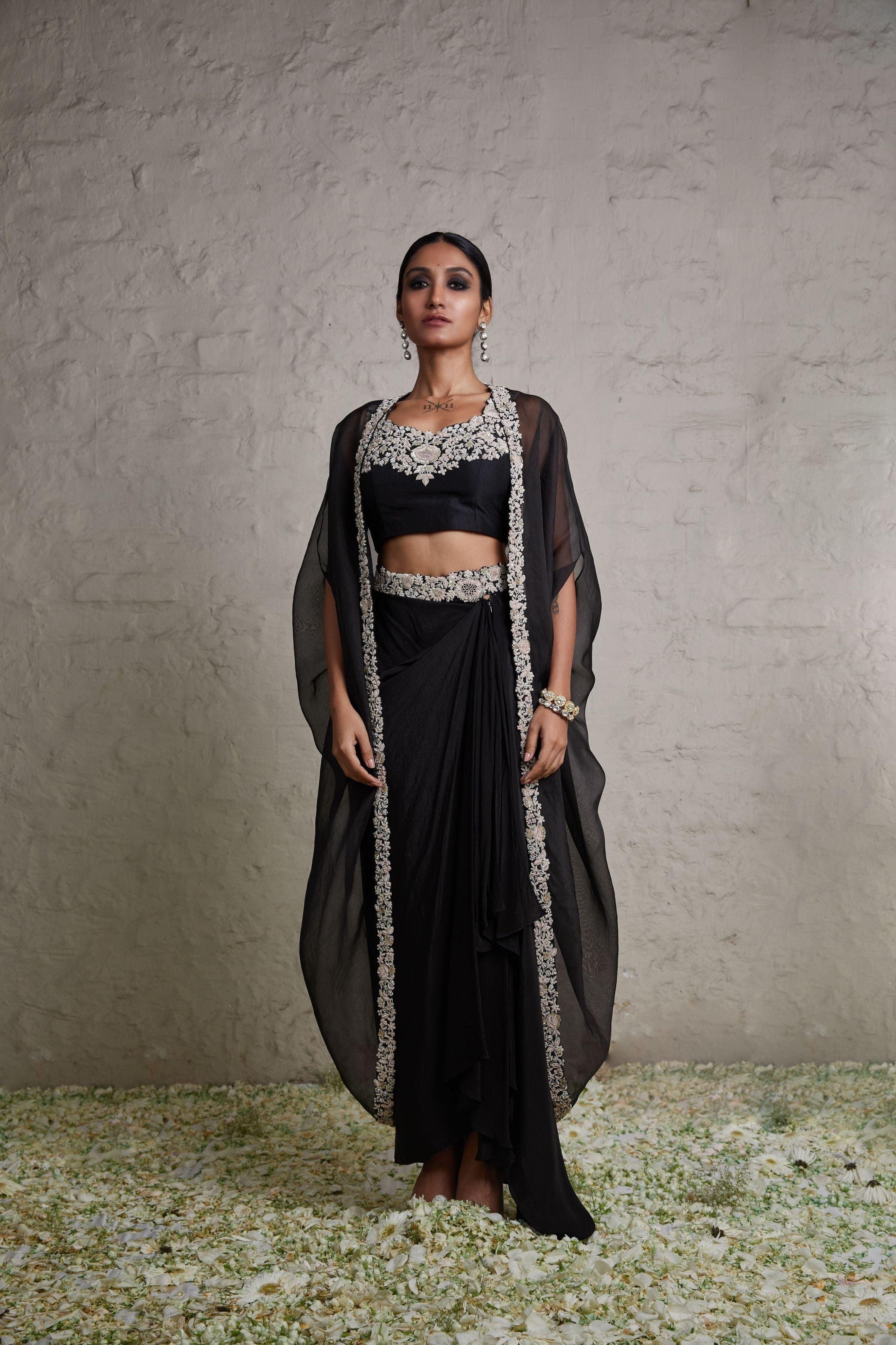 Black Silk Blouse With Organza Cape And Crepe Skirt - Mokshaa