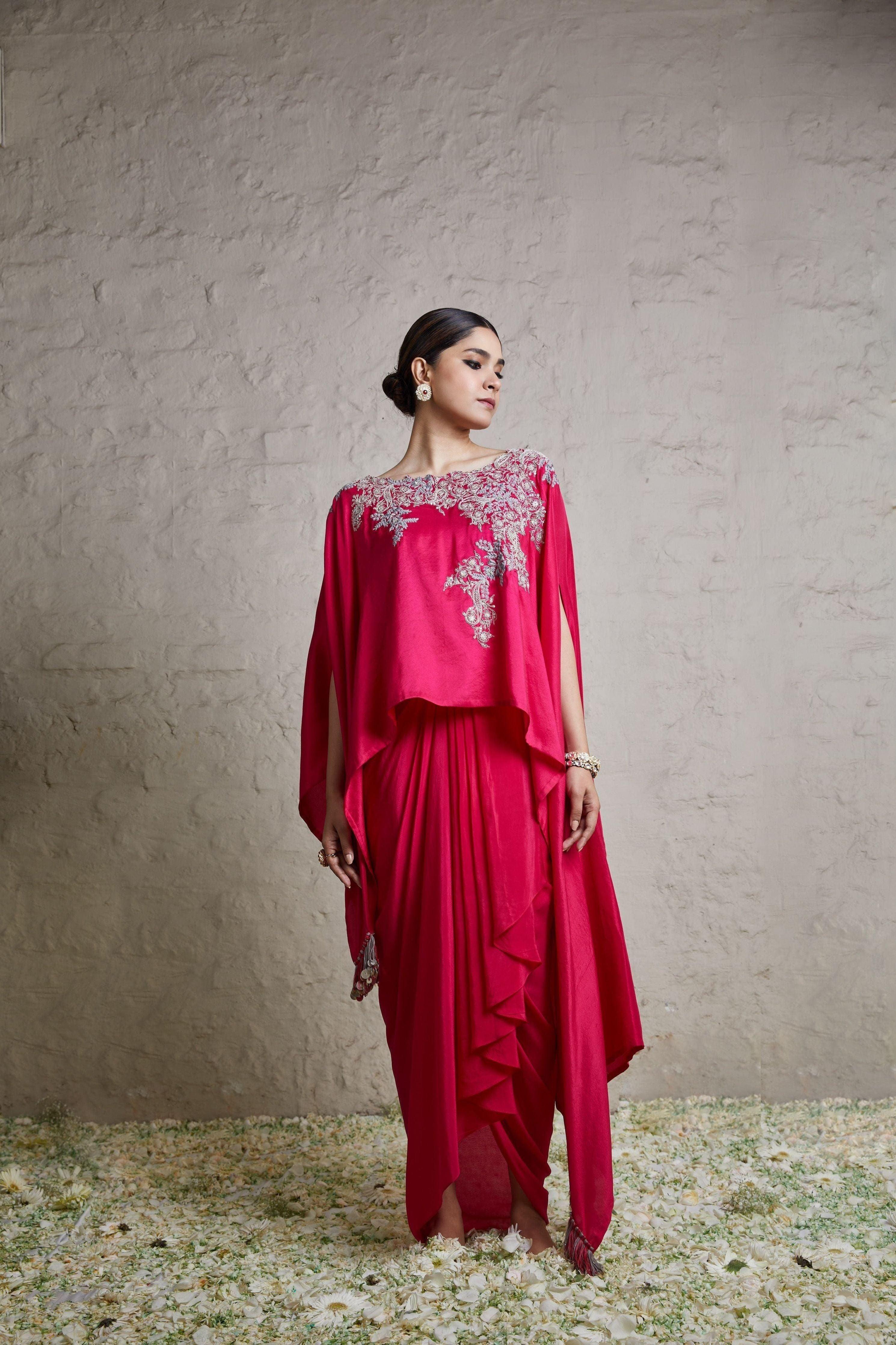 Fuscia Silk Kaftaan With Crepe Dhoti - Mokshaa