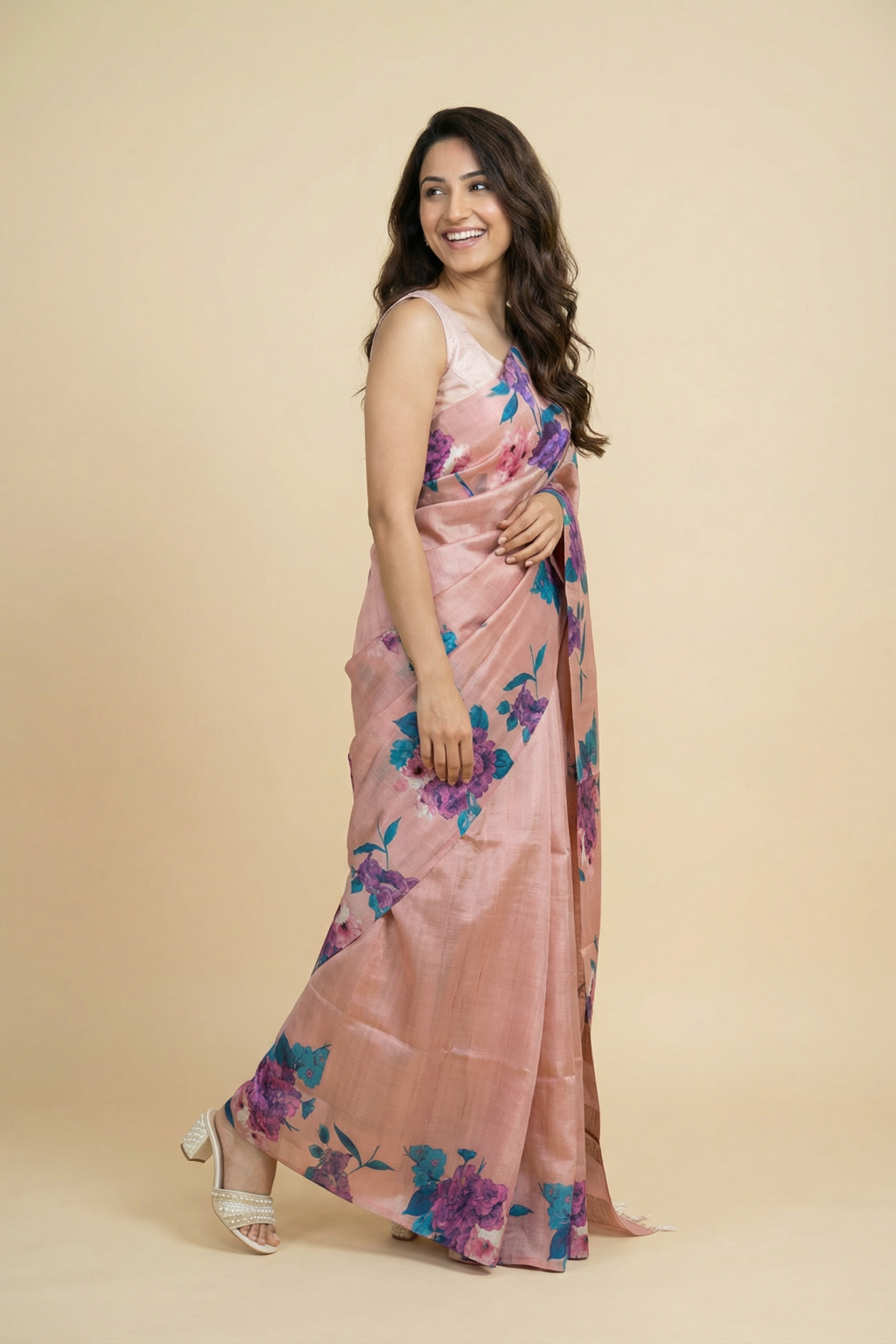 Peach Tussar Silk Saree with Zari Checks and Floral Digital Print