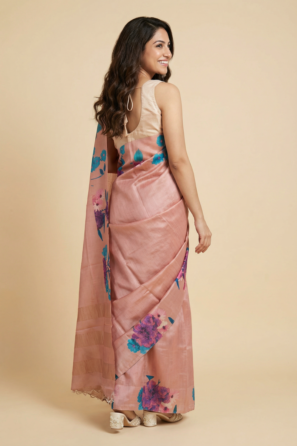 Peach Tussar Silk Saree with Zari Checks and Floral Digital Print