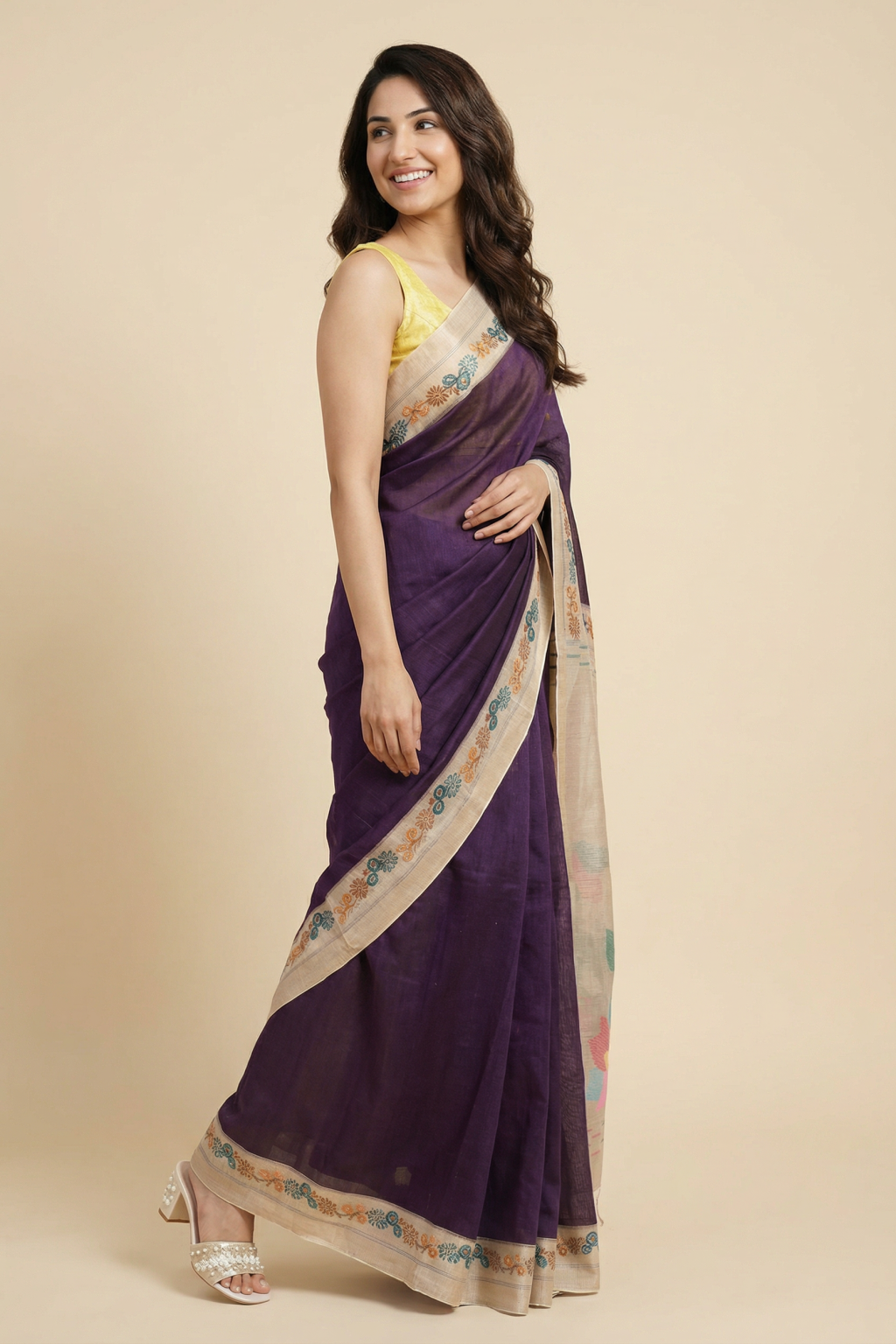 Purple Handloom Tussar Silk Saree with Floral Printed Border and Zari