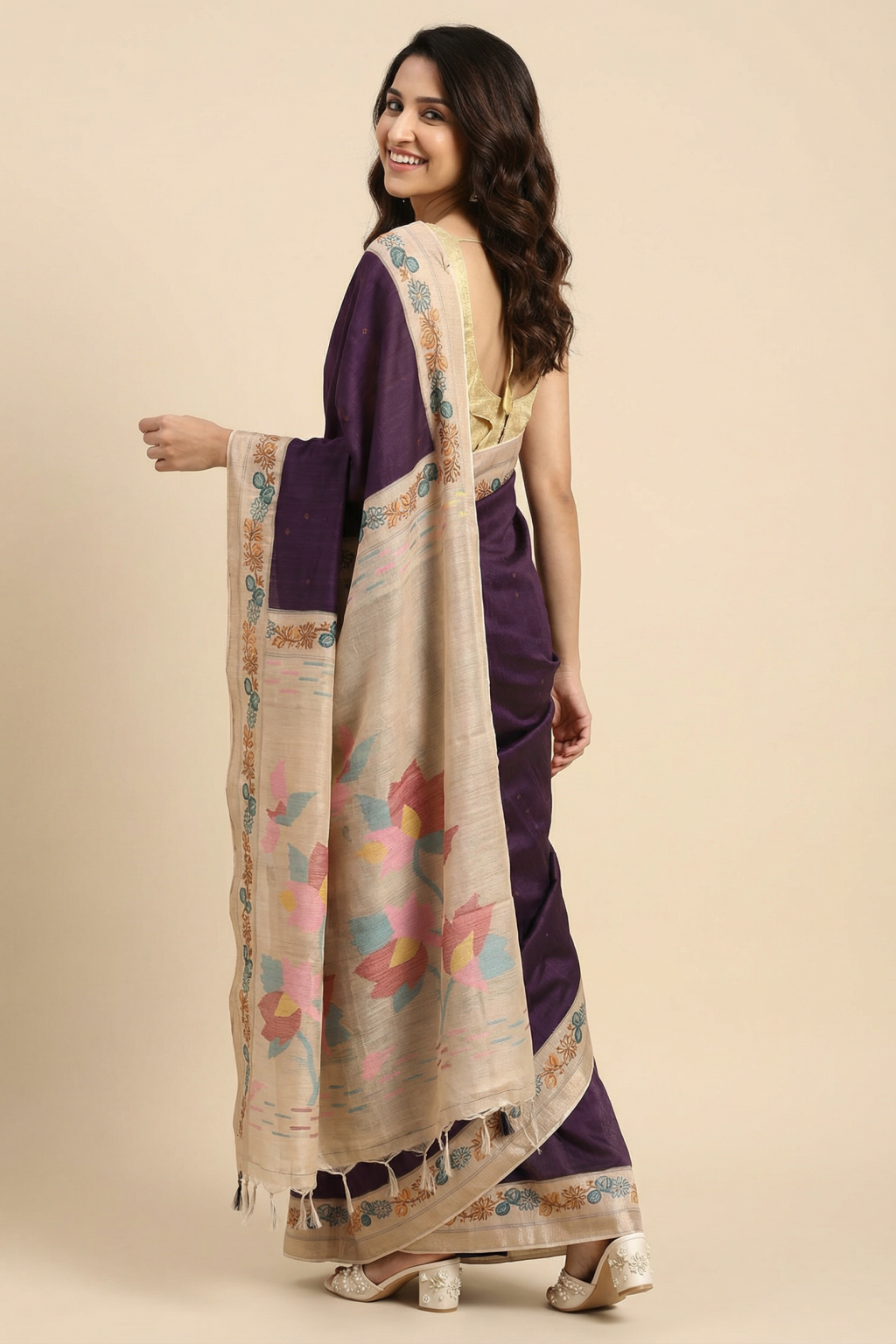 Purple Handloom Tussar Silk Saree with Floral Printed Border and Zari
