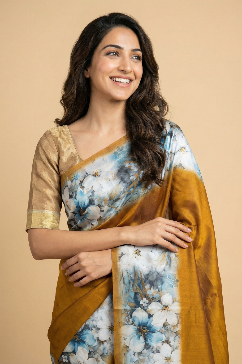 Mustard Chanderi Silk Saree with Floral Digital Print Border