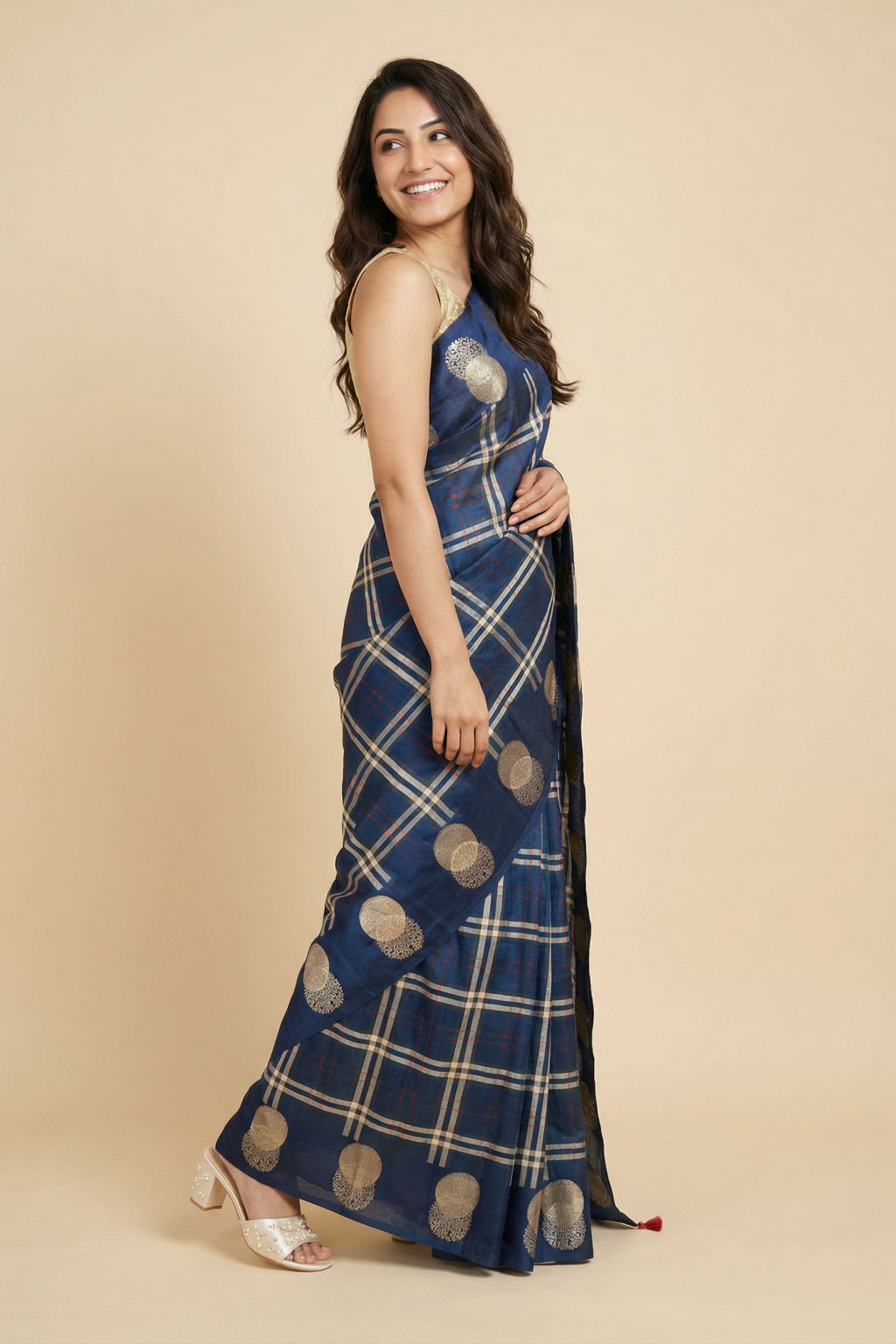Blue Tussar Saree with Checks and Zari Buttas