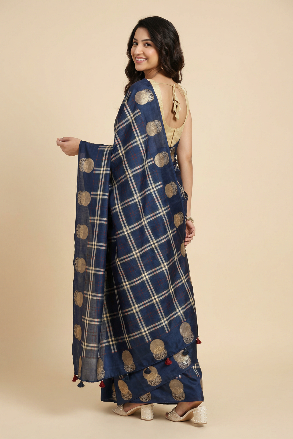 Blue Tussar Saree with Checks and Zari Buttas