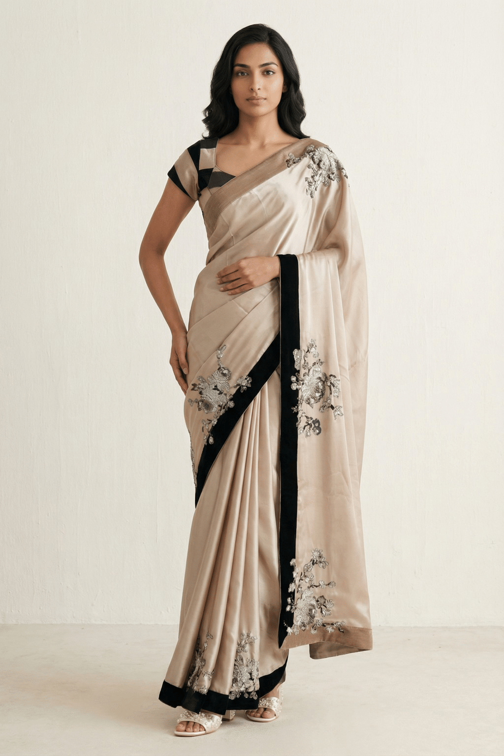 Beige Satin Saree with Black Border