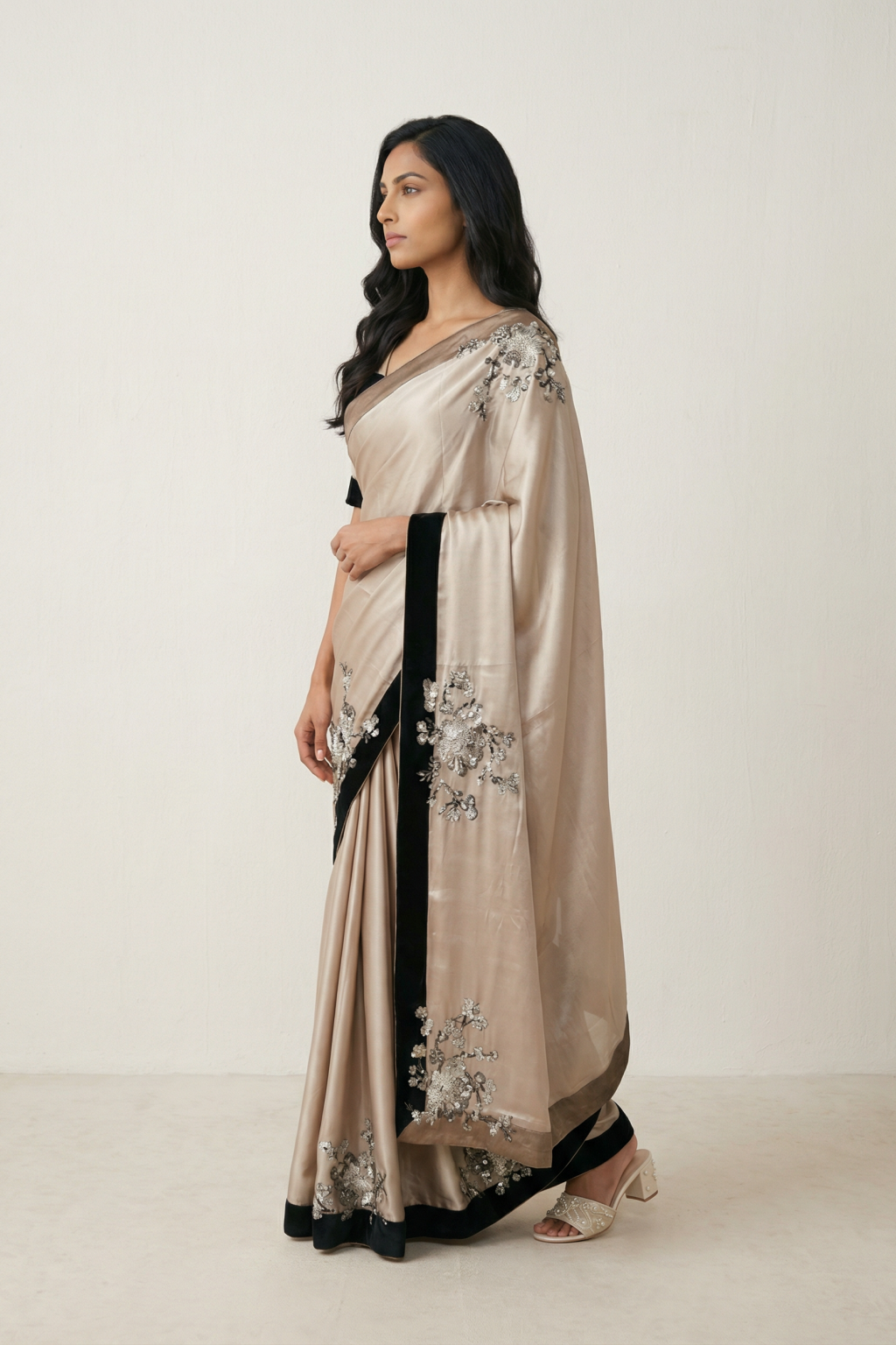 Beige Satin Saree with Black Border