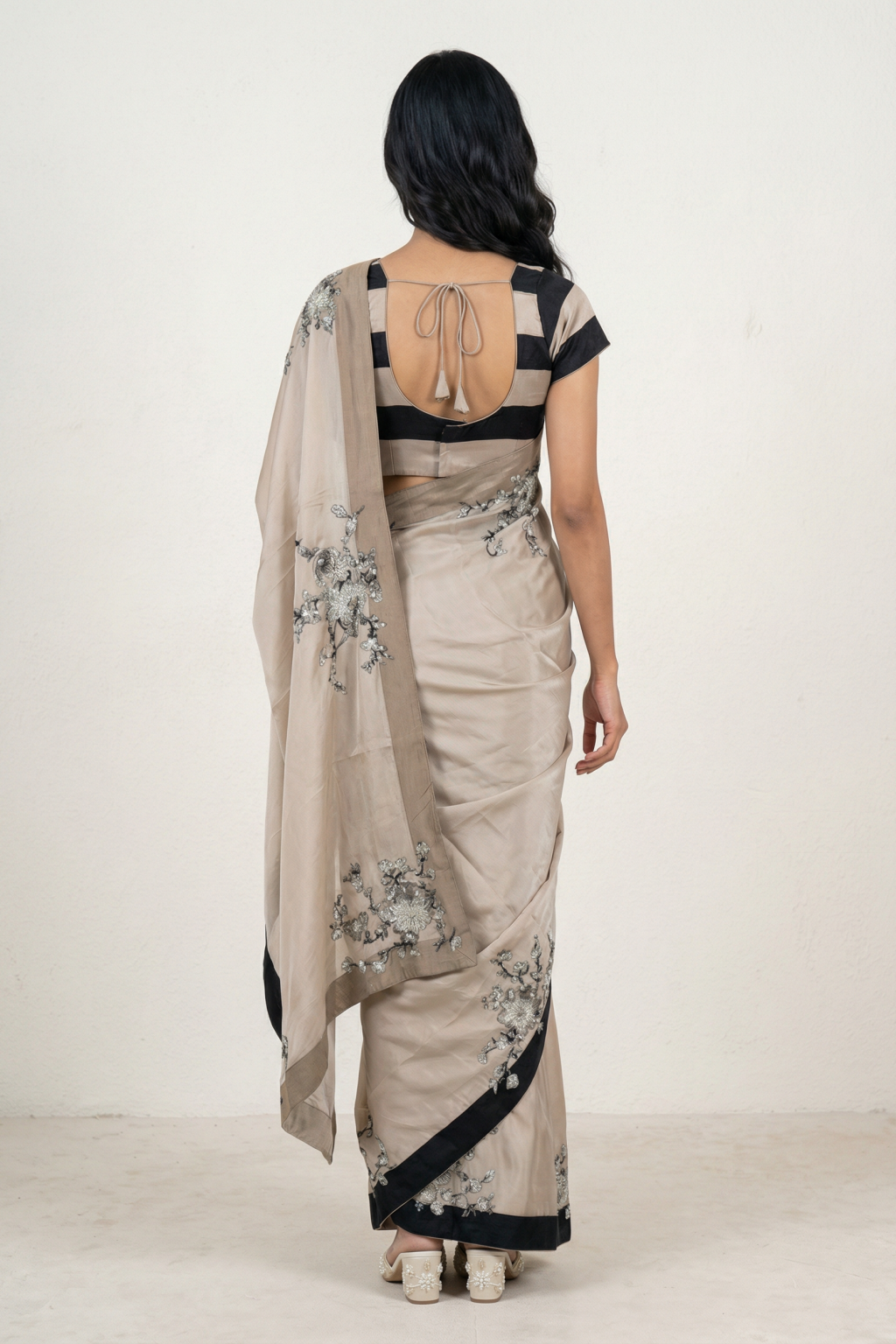 Beige Satin Saree with Black Border