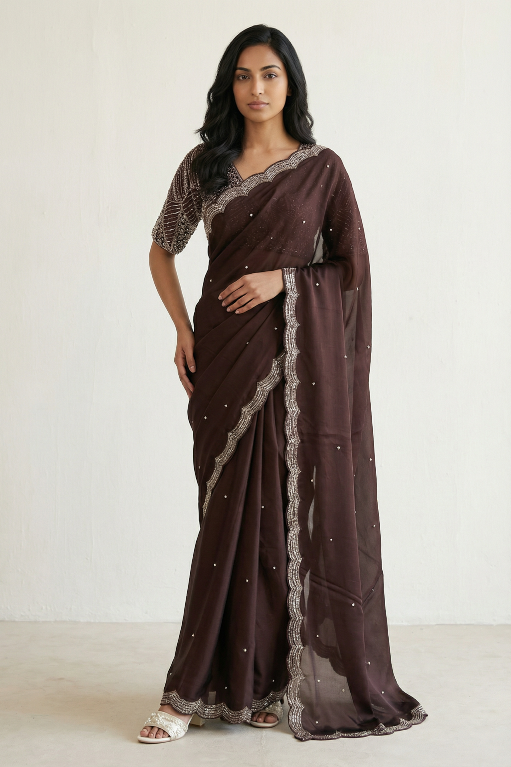 Chocolate Brown Satin Saree Sequins and Beads Border