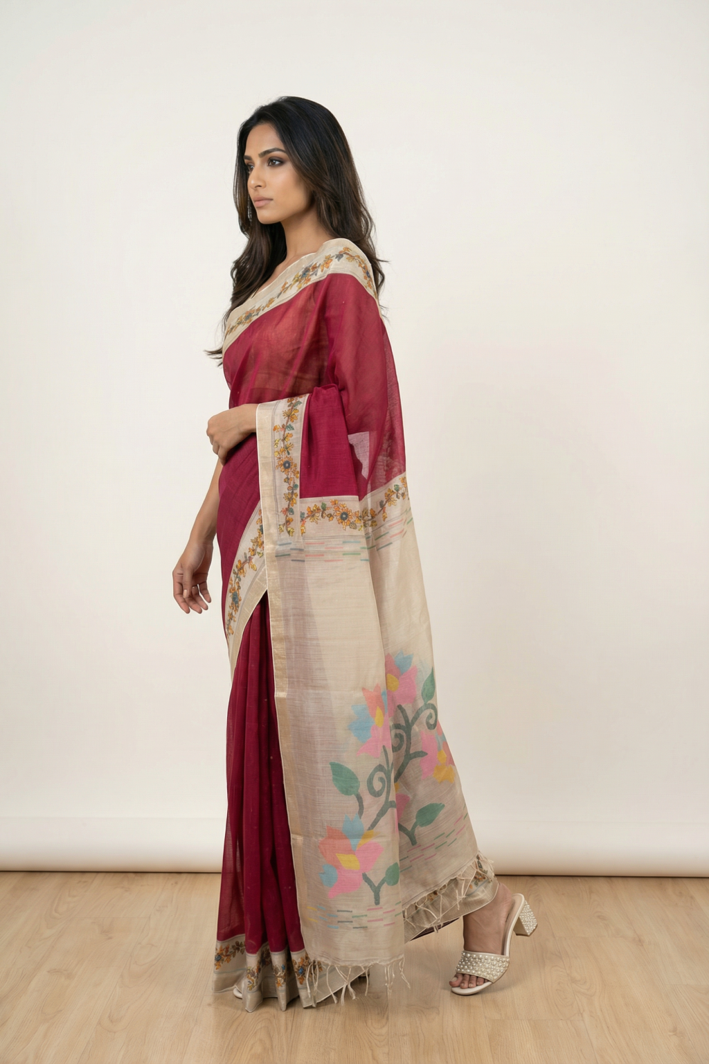 Red Handloom Tussar Silk Saree with Floral Printed Zari Border