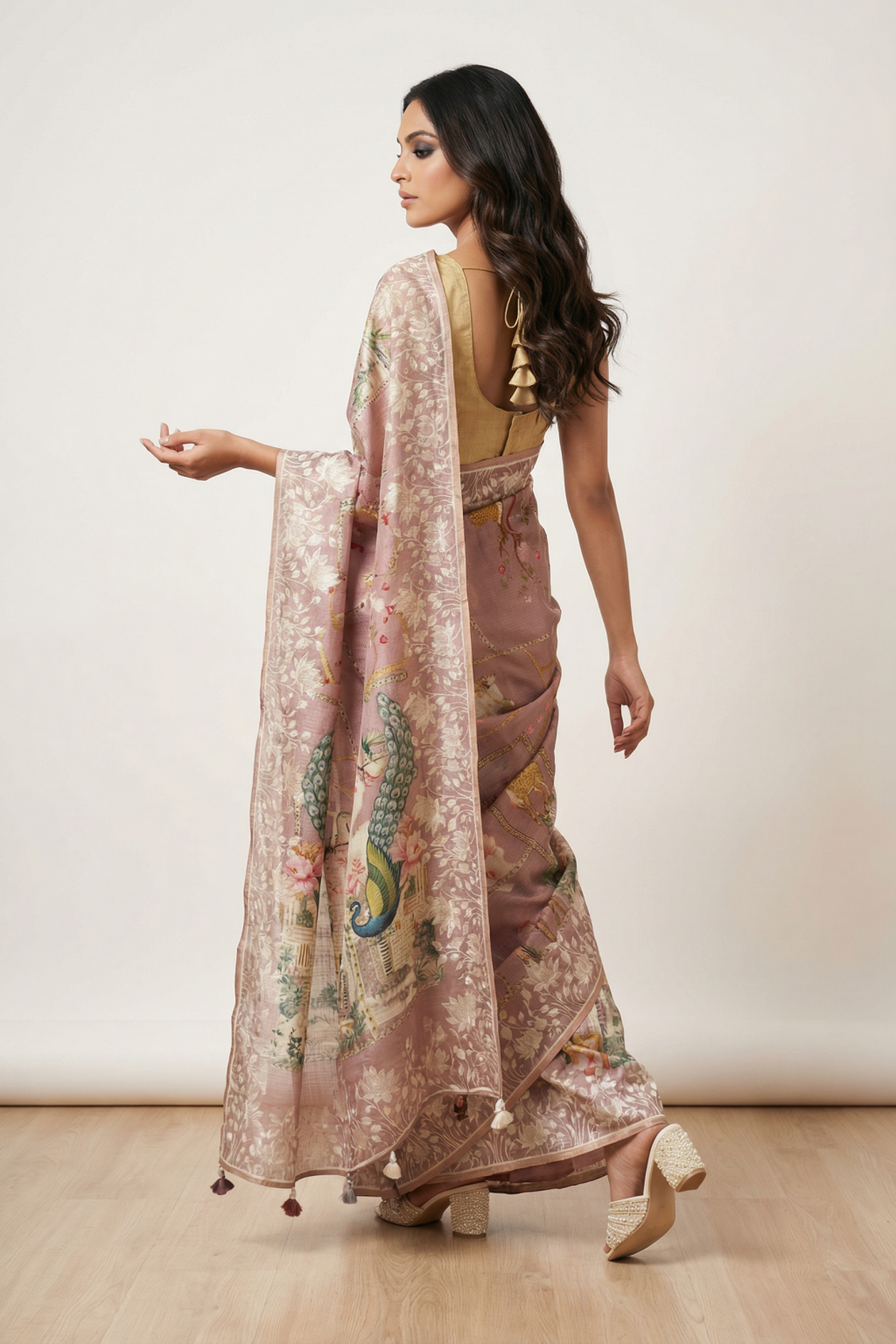 Light Purple Silk Kota Saree with Embroidered Border and Printed Motifs