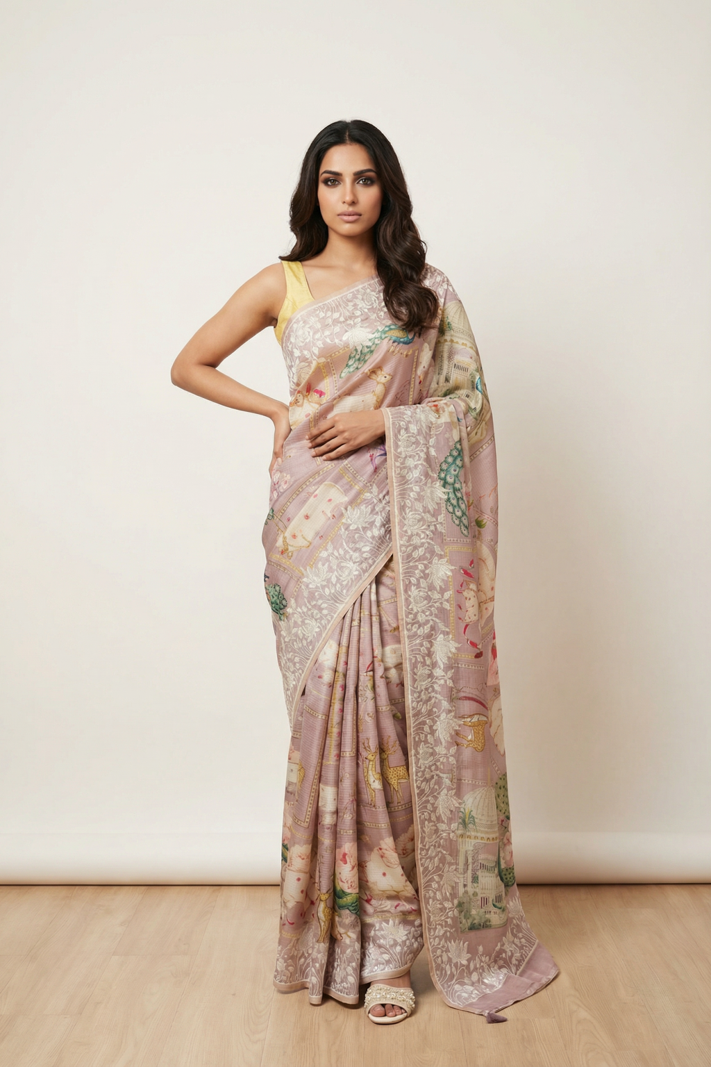 Light Purple Silk Kota Saree with Embroidered Border and Printed Motifs