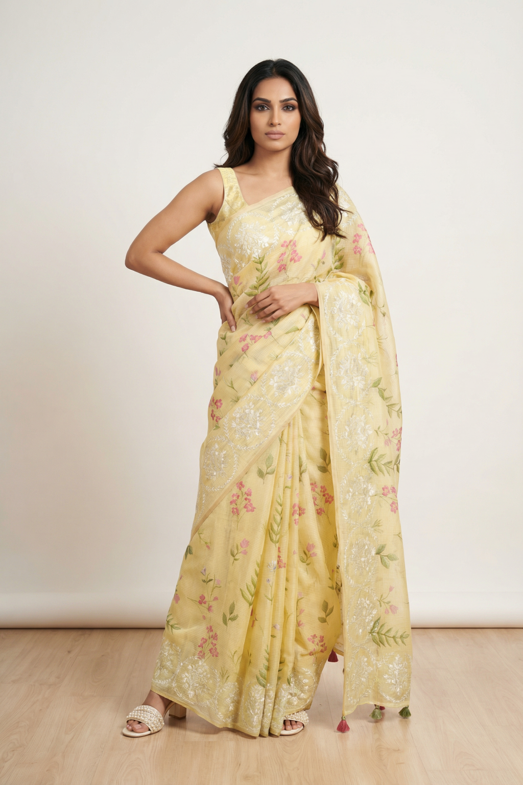 Yellow Silk Kota Saree with Floral Embroidery and Printed Motifs