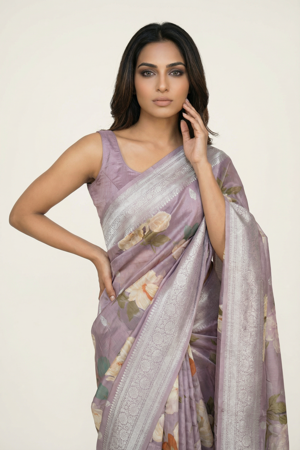 Lilac Banarasi Tussar Saree