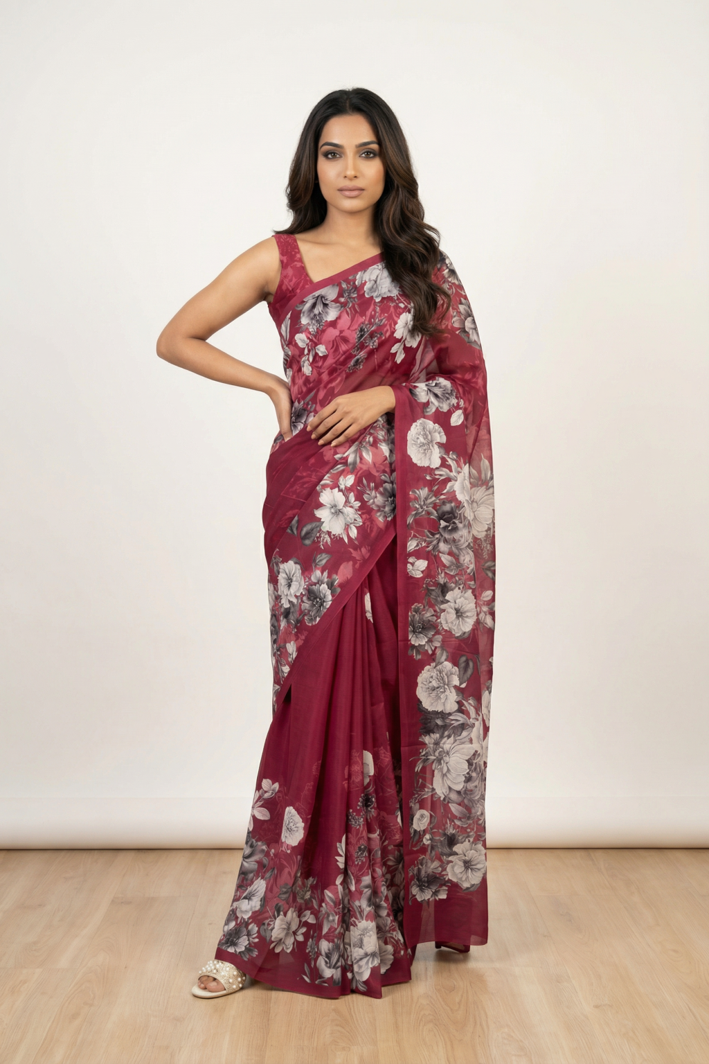 Raspberry Pink Crepe Saree