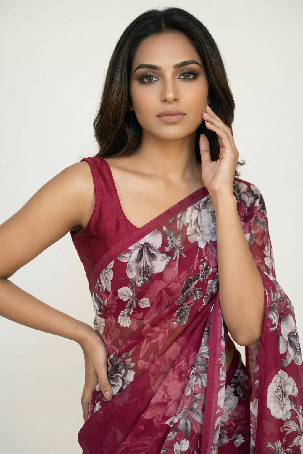 Raspberry Pink Crepe Saree