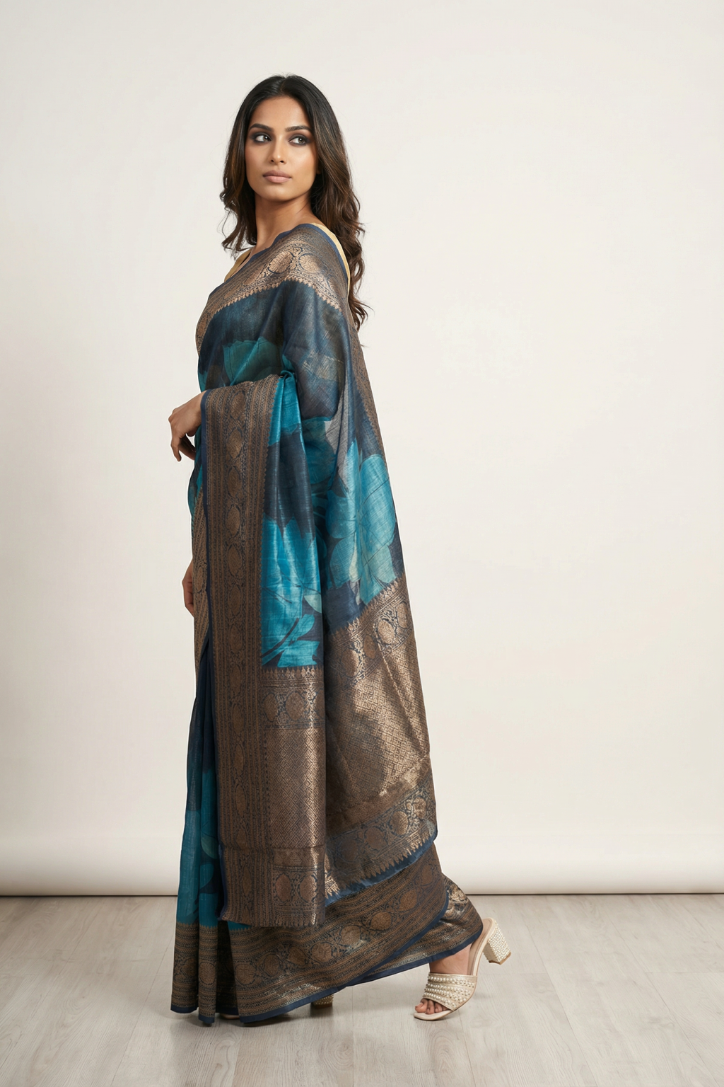 Navy Blue Tussar Silk Saree with Zari Border and Printed Design