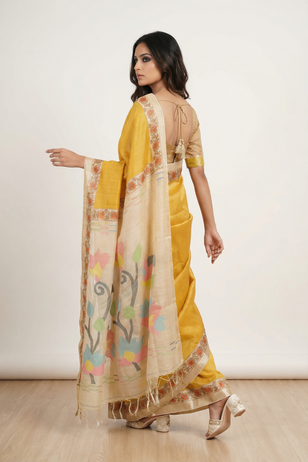 Mustard Yellow Handloom Tussar Silk Saree with Floral Printed Border and Zari