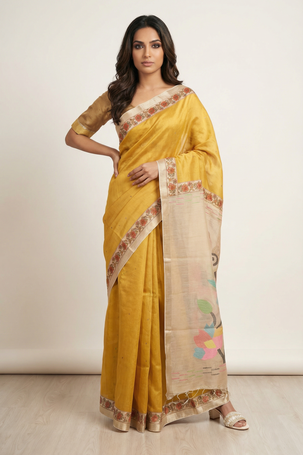 Mustard Yellow Handloom Tussar Silk Saree with Floral Printed Border and Zari