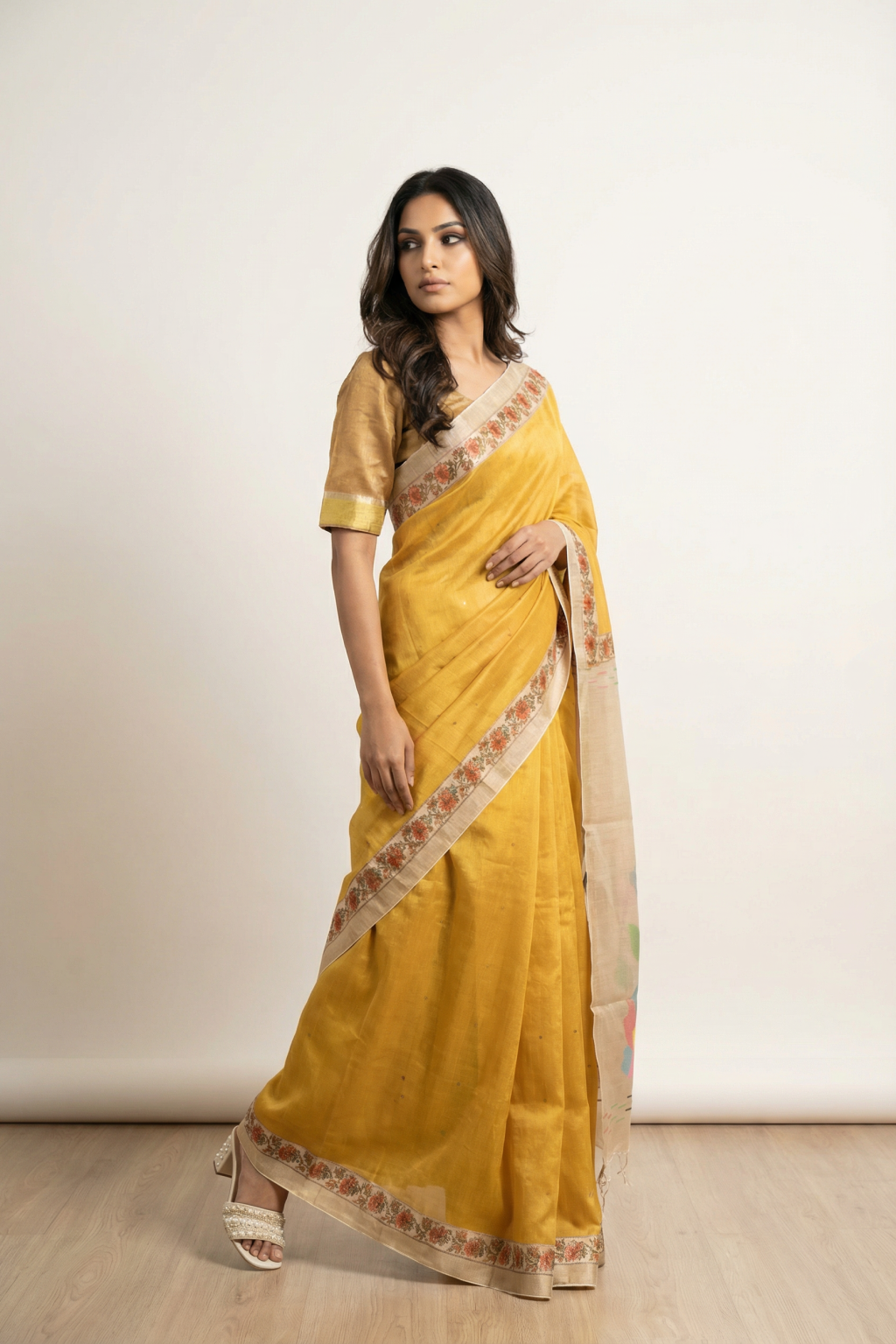 Mustard Yellow Handloom Tussar Silk Saree with Floral Printed Border and Zari