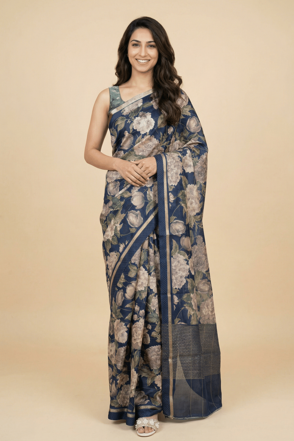 Navy Blue Tussar Silk Saree