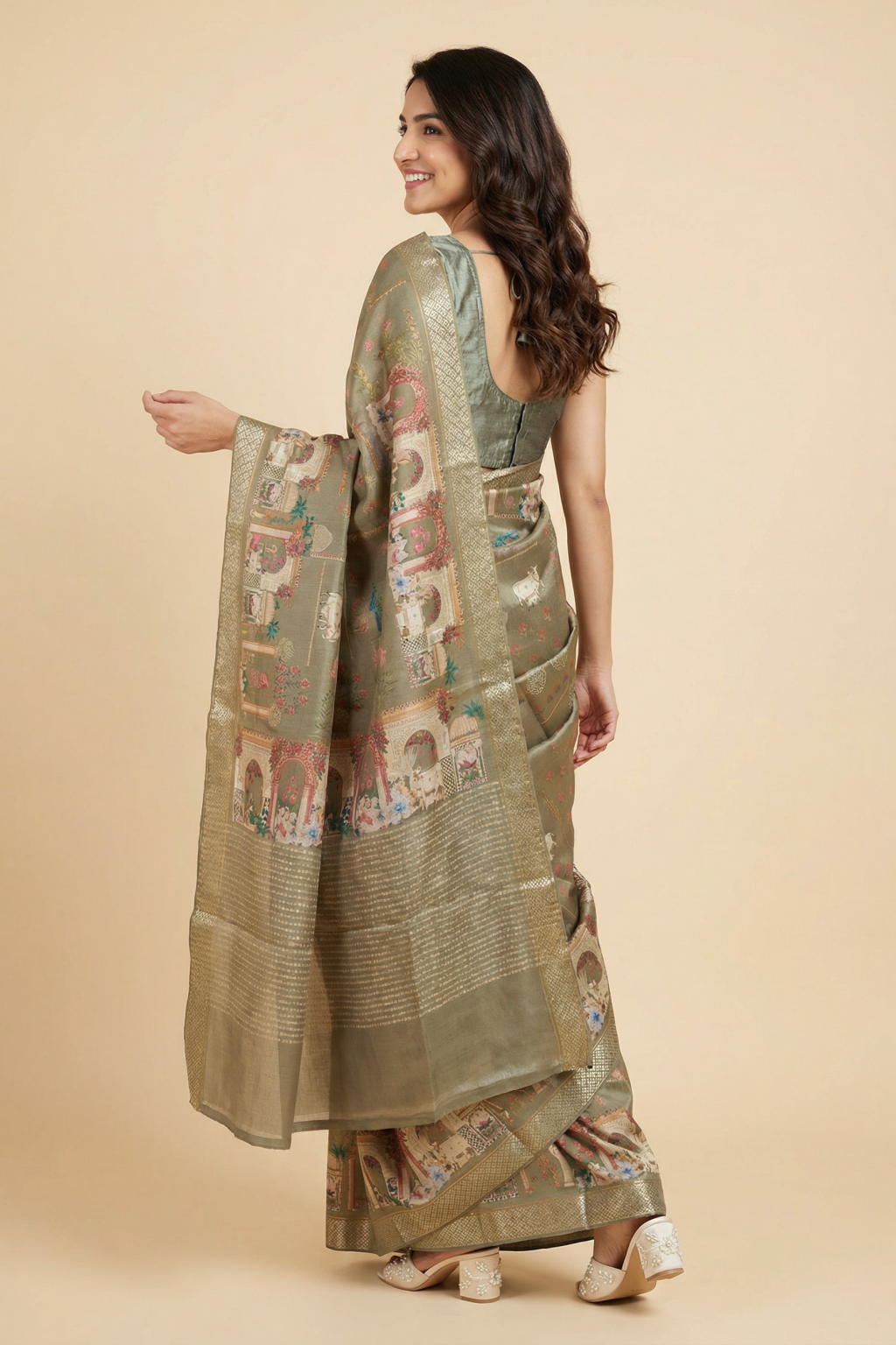 Olive Green Tussar Silk Digital Print Saree