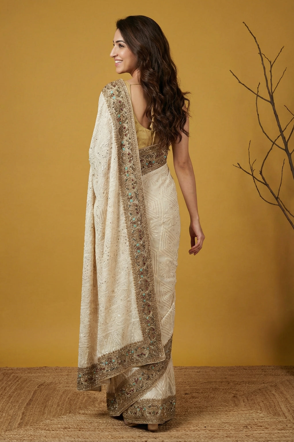 Cream Georgette Saree with Lucknowi Chikankari & Zardozi Border