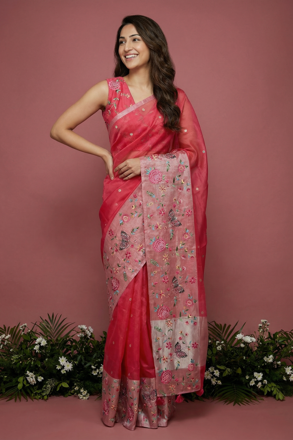 Red Organza Saree with Floral and Butterfly Embroidered Tissue Border