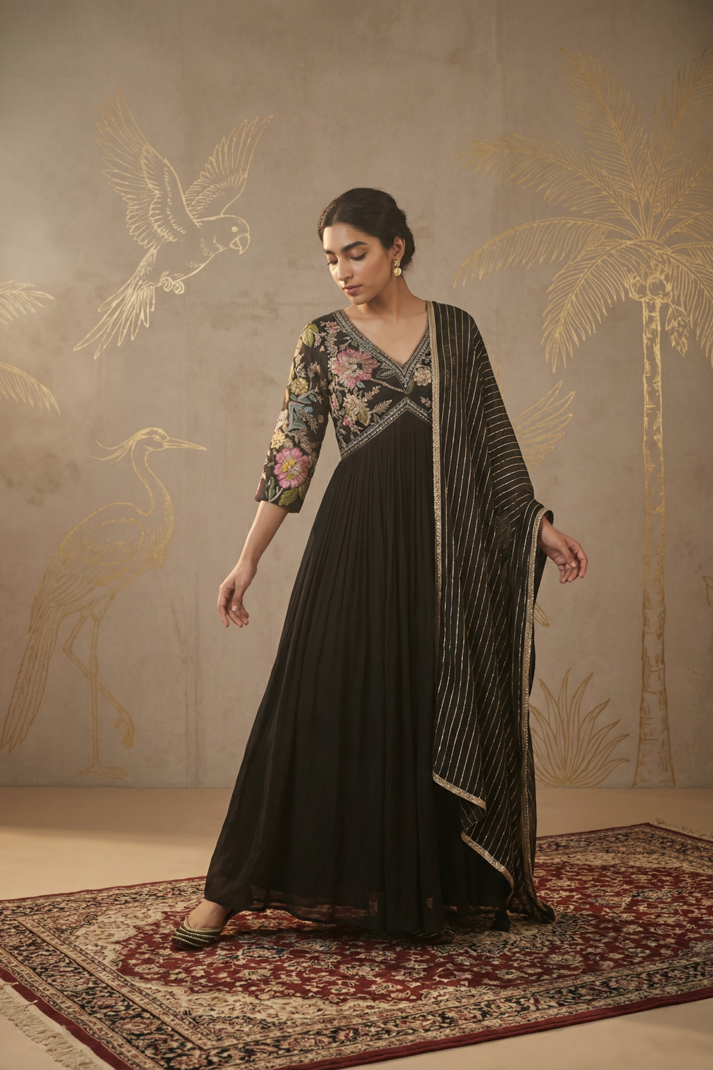 Black Georgette Anarkali Set with Printed Floral Work & Sequin Highlights - Mokshaa