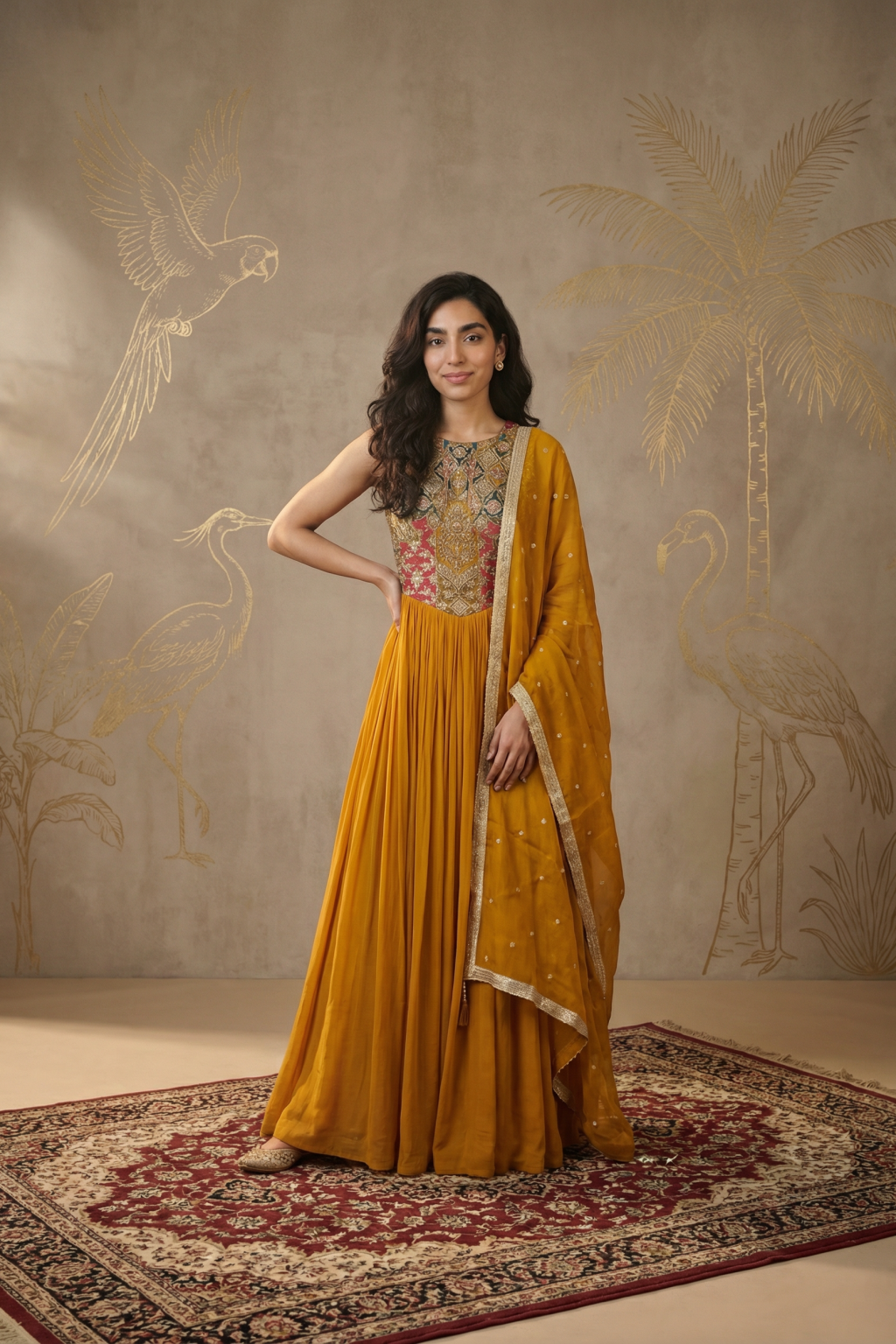 Mustard Georgette Anarkali with Organza Dupatta - Mokshaa