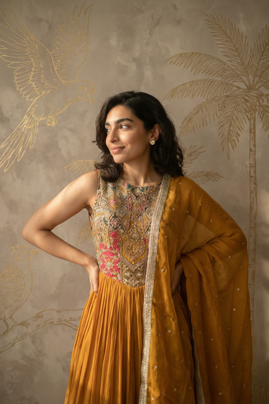 Mustard Georgette Anarkali with Organza Dupatta - Mokshaa