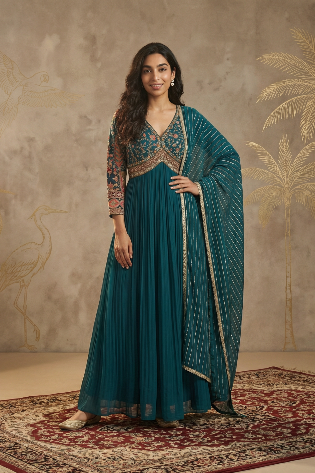 Teal Green Georgette Anarkali Set with Embroidered Dupatta - Mokshaa