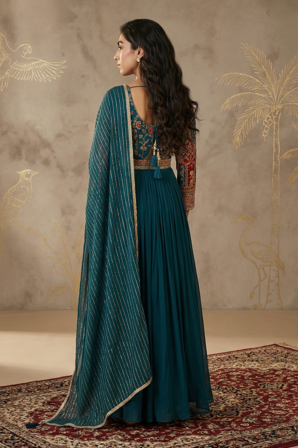 Teal Green Georgette Anarkali Set with Embroidered Dupatta - Mokshaa