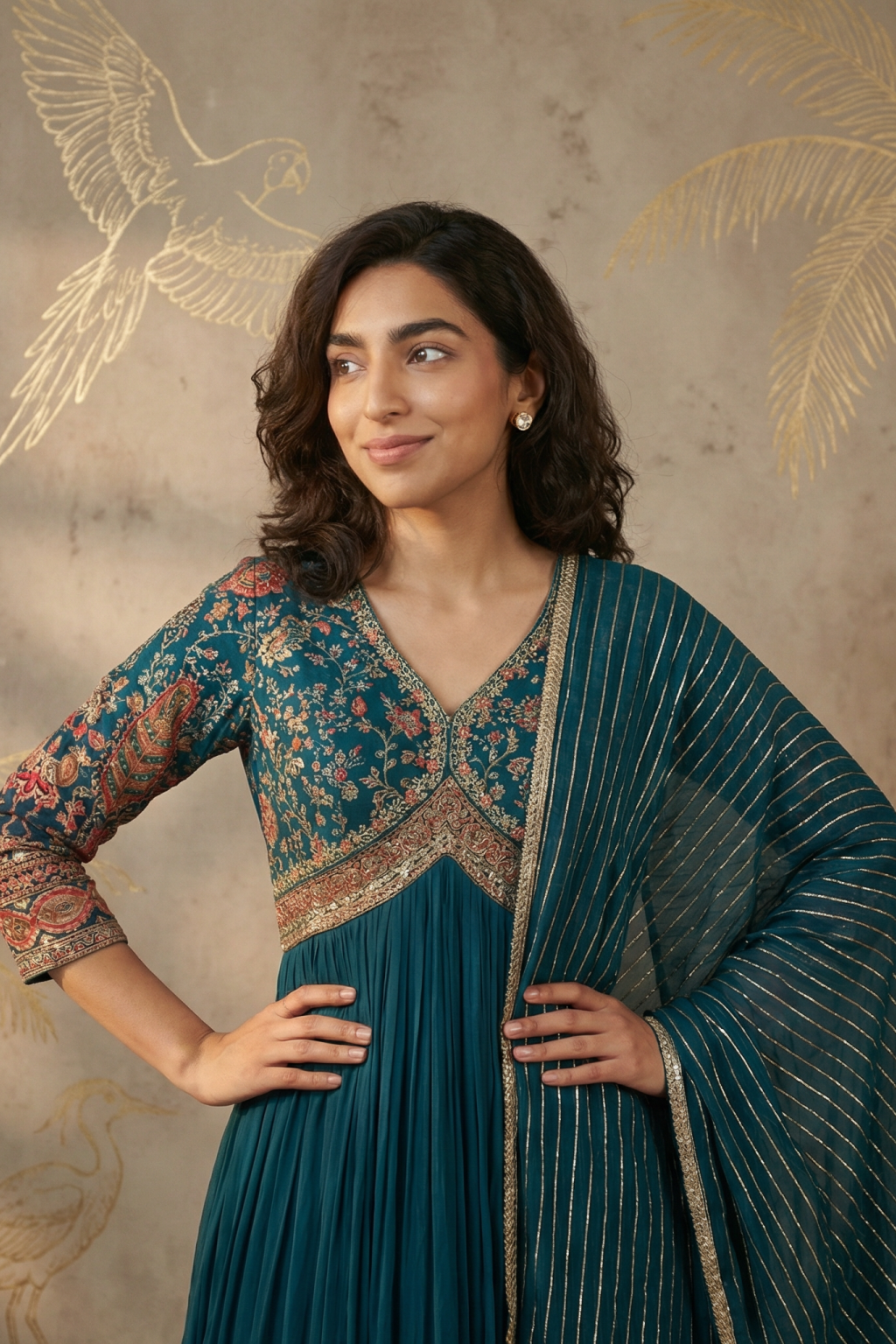 Teal Green Georgette Anarkali Set with Embroidered Dupatta - Mokshaa