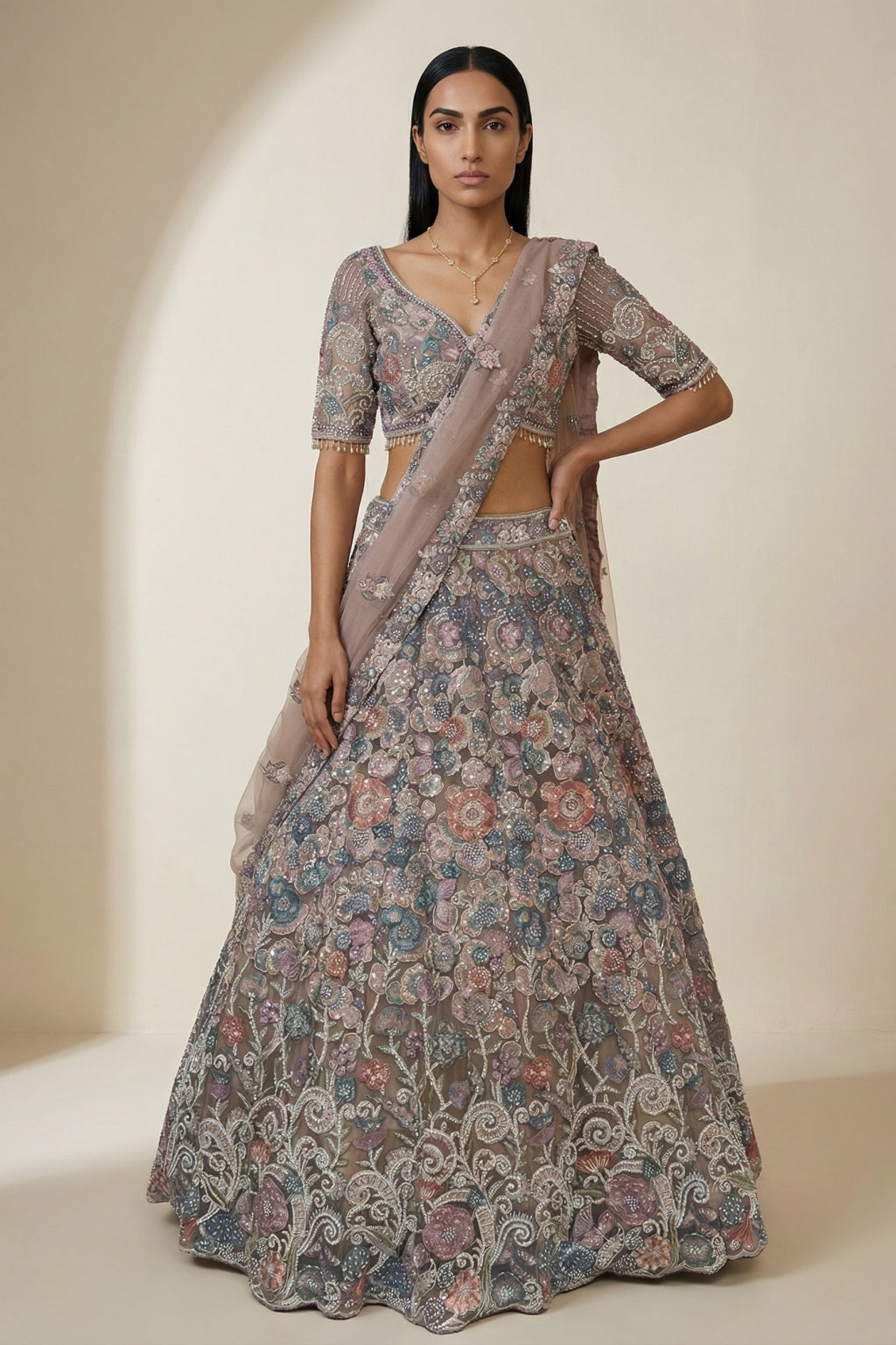 Blush Net Lehenga Set with Multicolour Floral Embroidery - Mokshaa