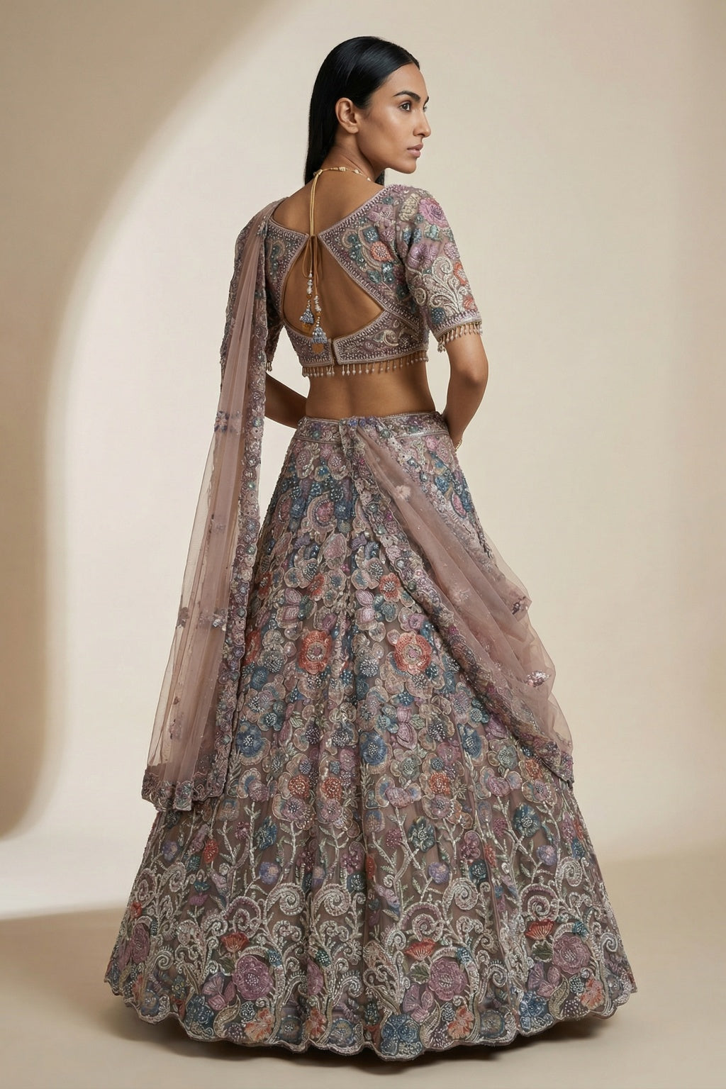 Blush Net Lehenga Set with Multicolour Floral Embroidery - Mokshaa