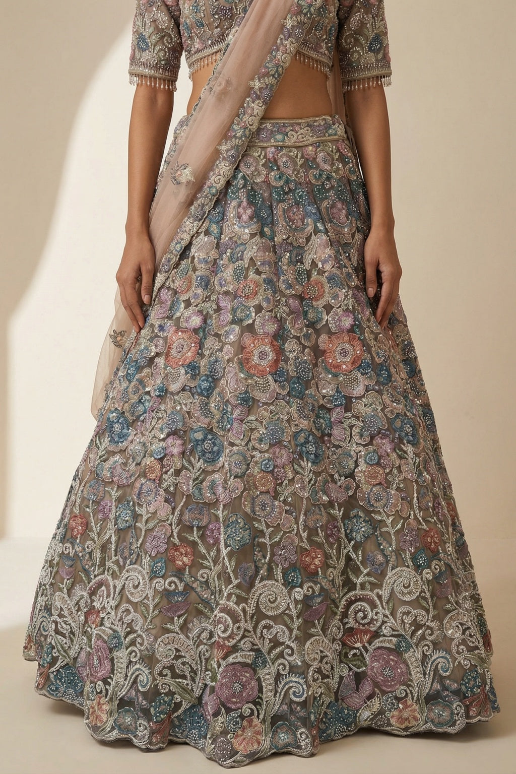 Blush Net Lehenga Set with Multicolour Floral Embroidery - Mokshaa