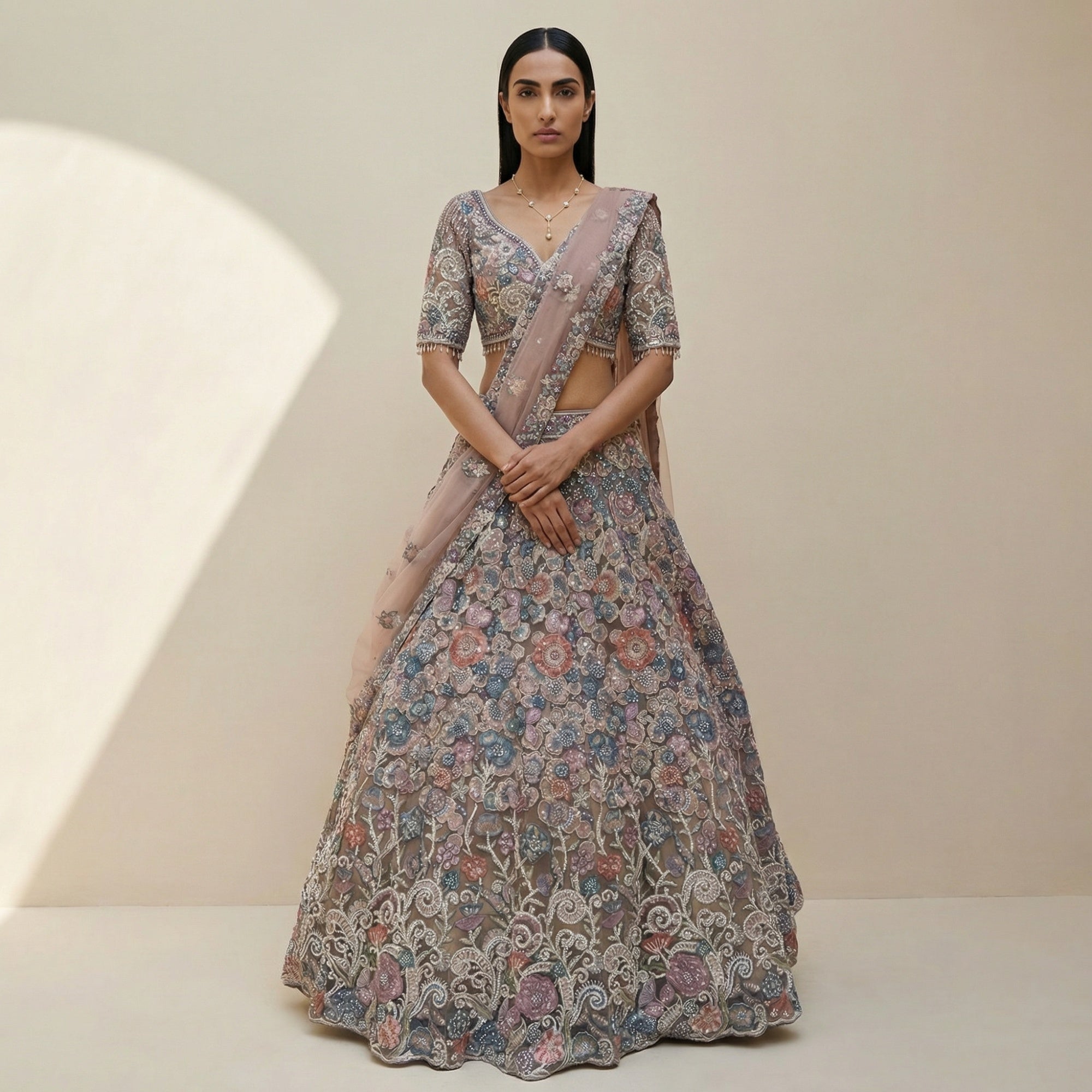 Blush Net Lehenga Set with Multicolour Floral Embroidery - Mokshaa