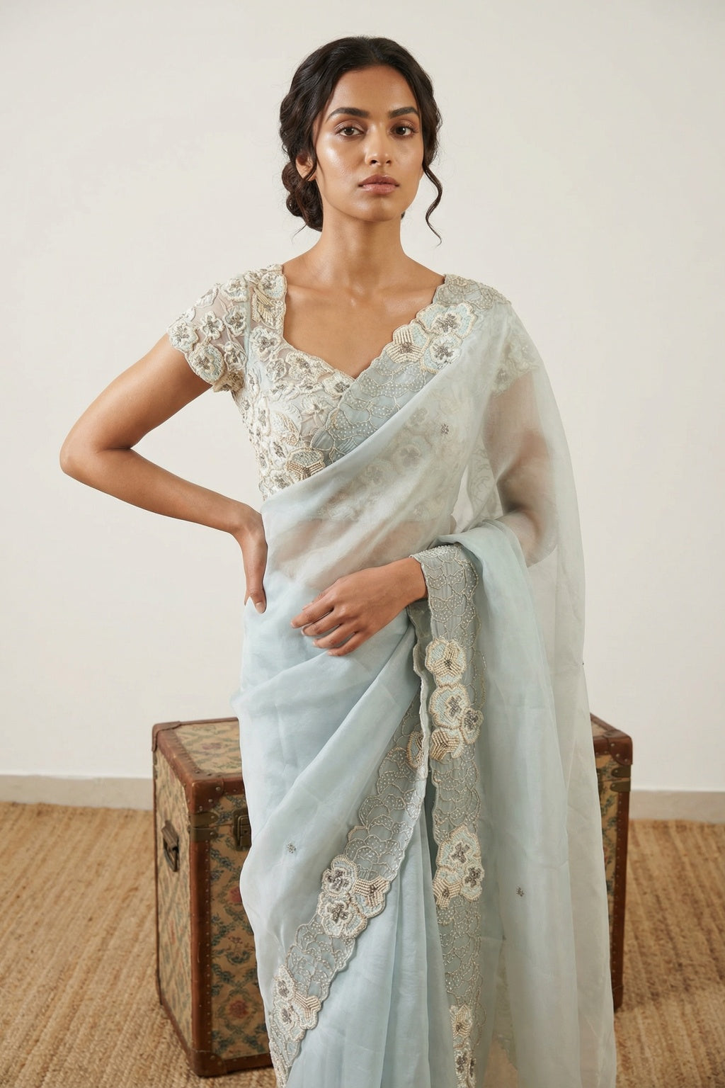 Sea Blue Organza Saree with Pearl & Sequin Border - Mokshaa