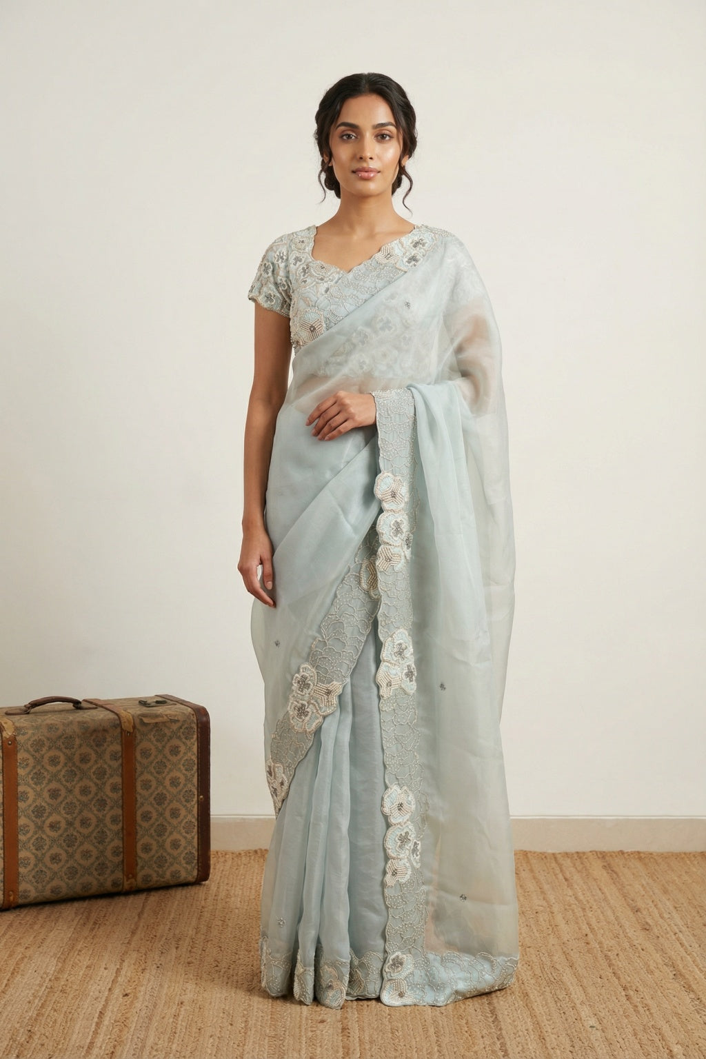 Sea Blue Organza Saree with Pearl & Sequin Border - Mokshaa