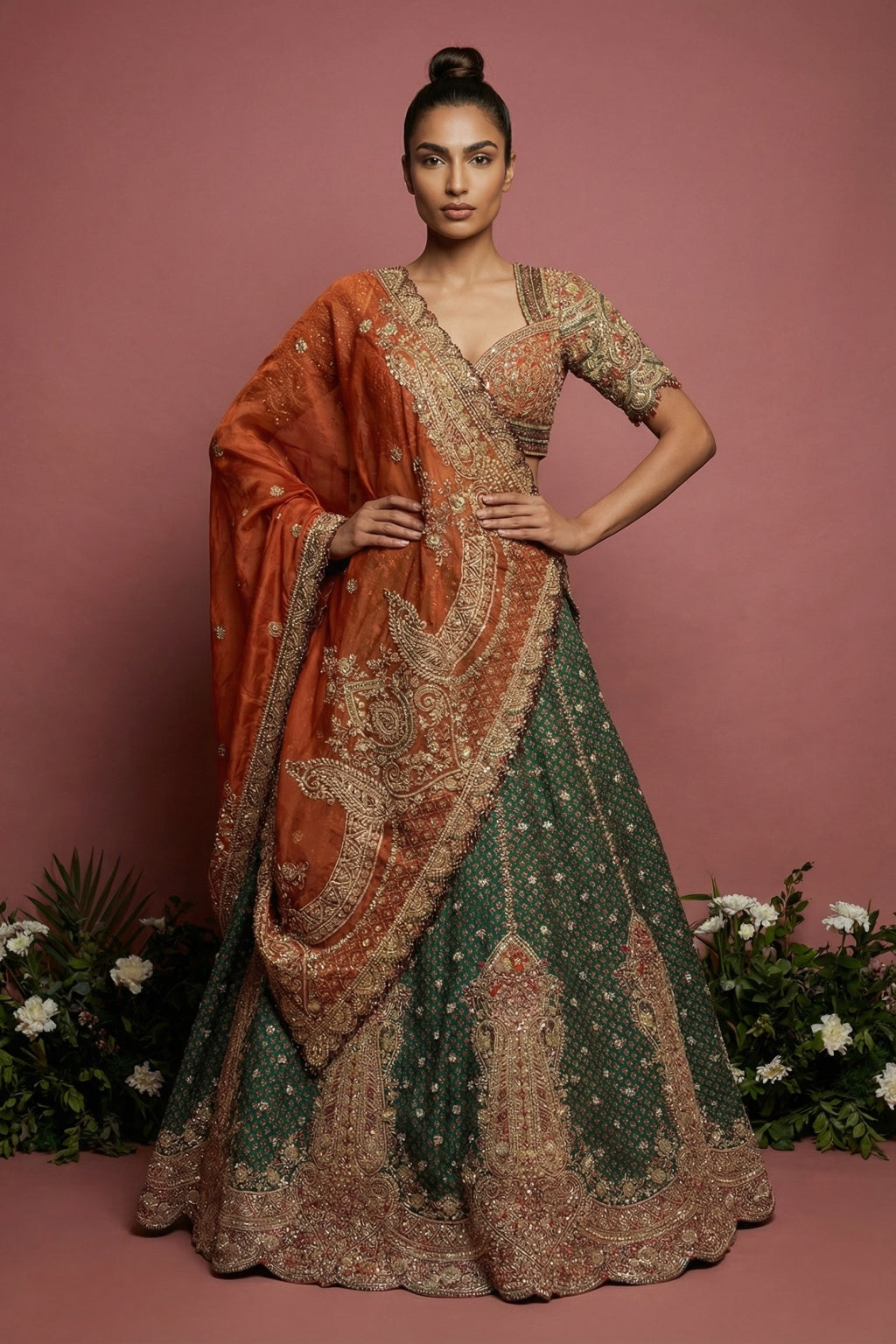 Green Printed Silk Lehenga Set with Rust Organza Dupatta - Mokshaa