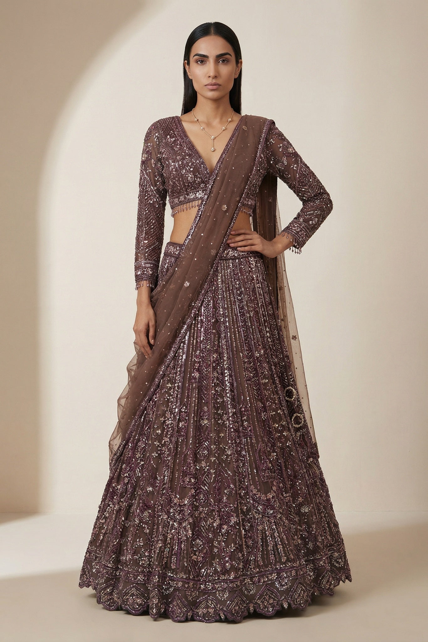 Deep Brown Net Lehenga Set - Mokshaa
