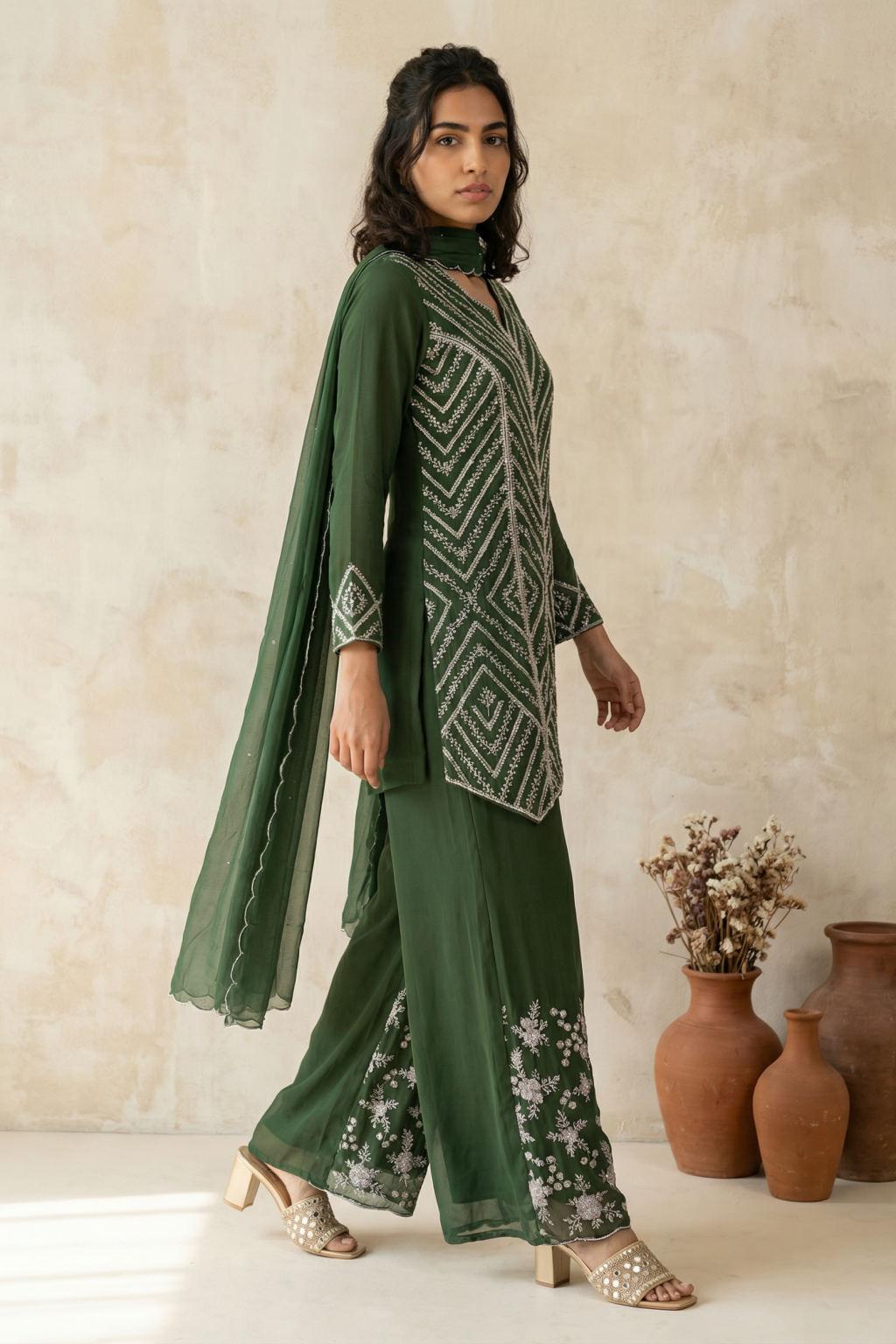 Olive Green Silk Palazzo Set with Hand Embroidery - Mokshaa
