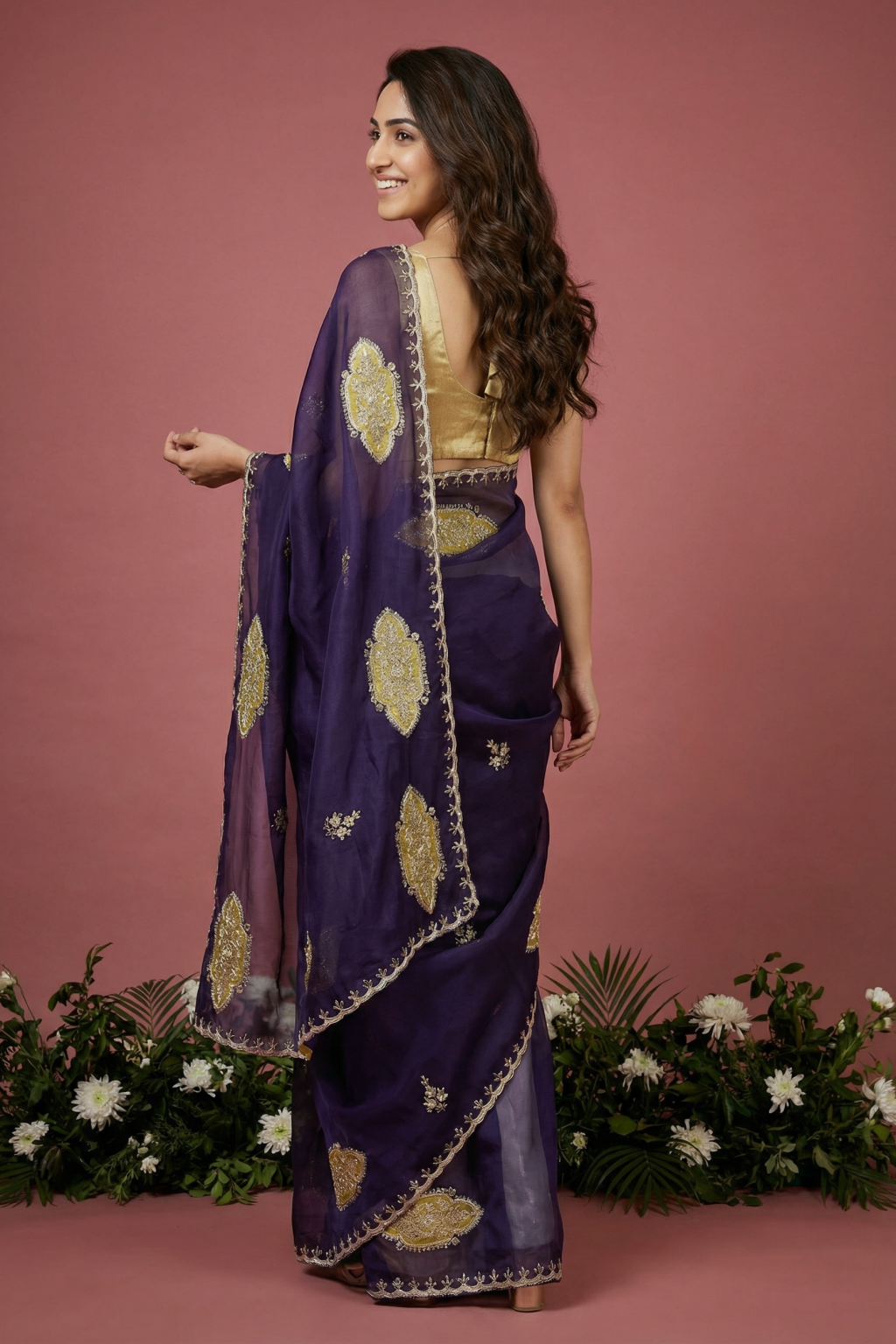 Dark Purple Organza Saree with Appliqué& Pita Zari Work - Mokshaa