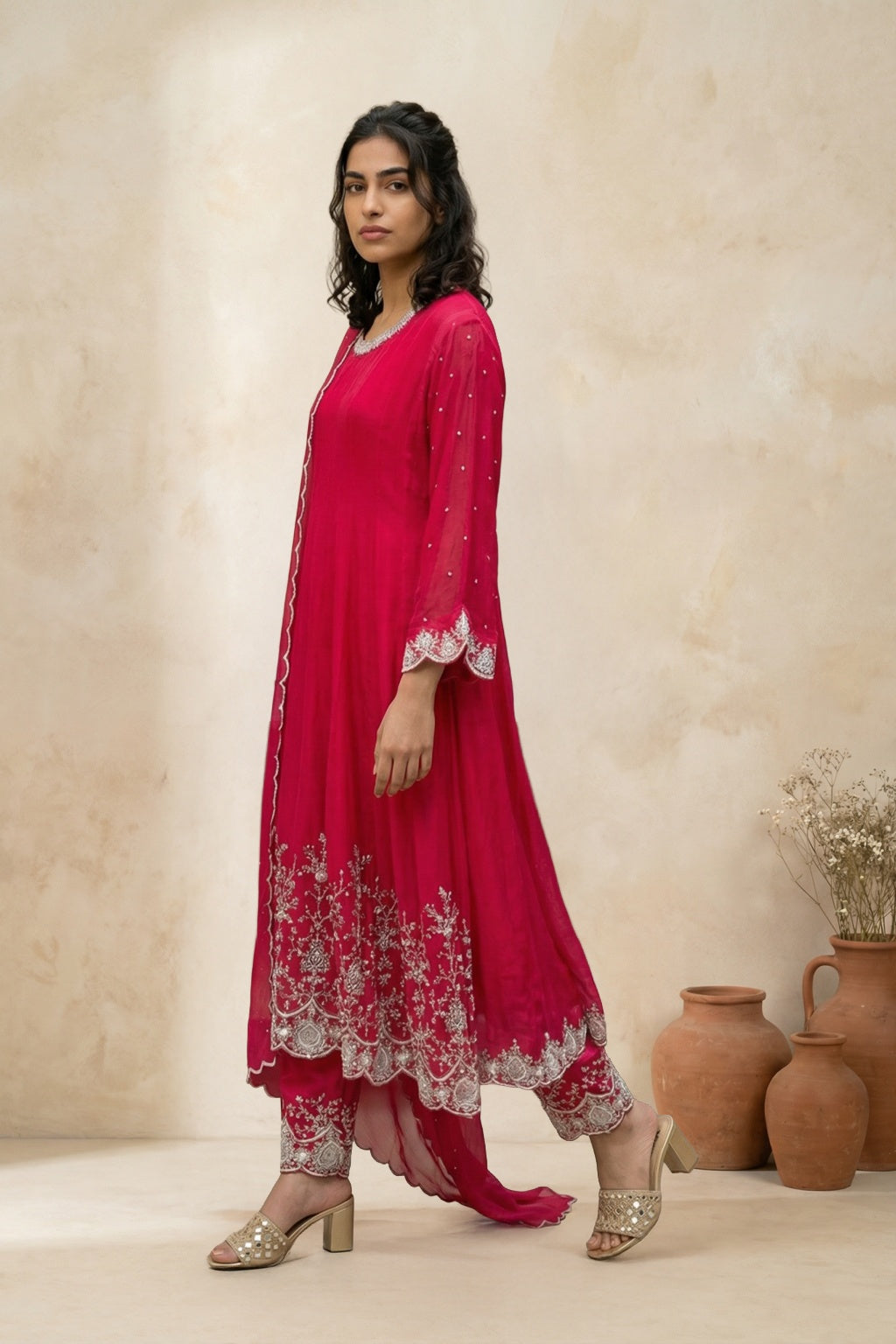 Red Crepe Chiffon Anarkali Set - Mokshaa
