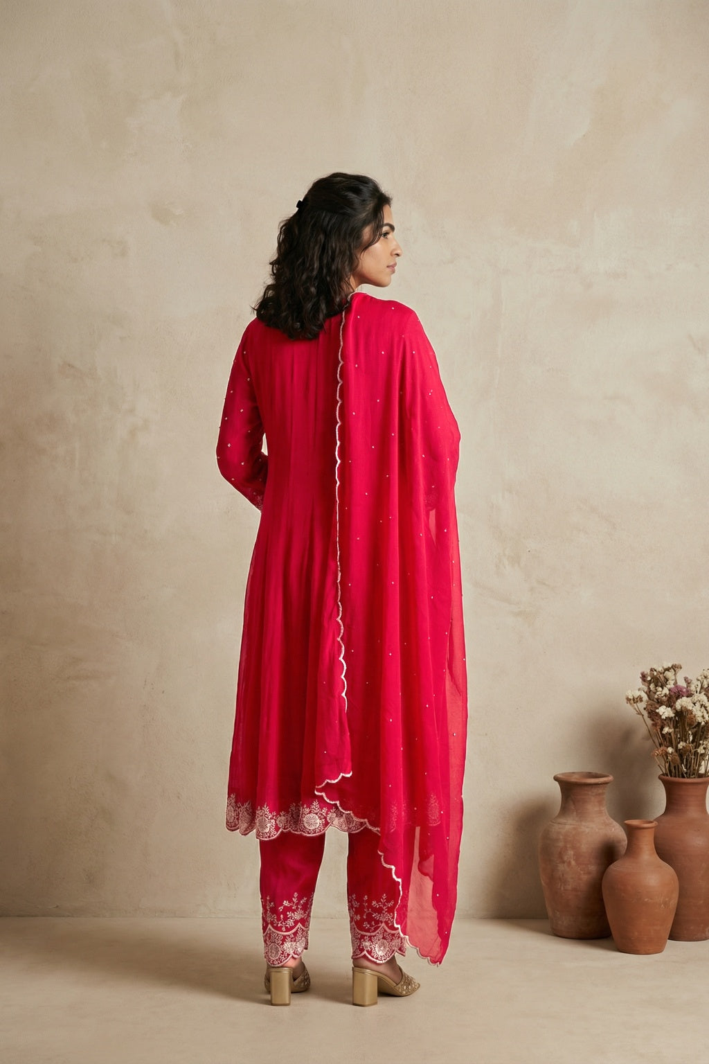 Red Crepe Chiffon Anarkali Set - Mokshaa