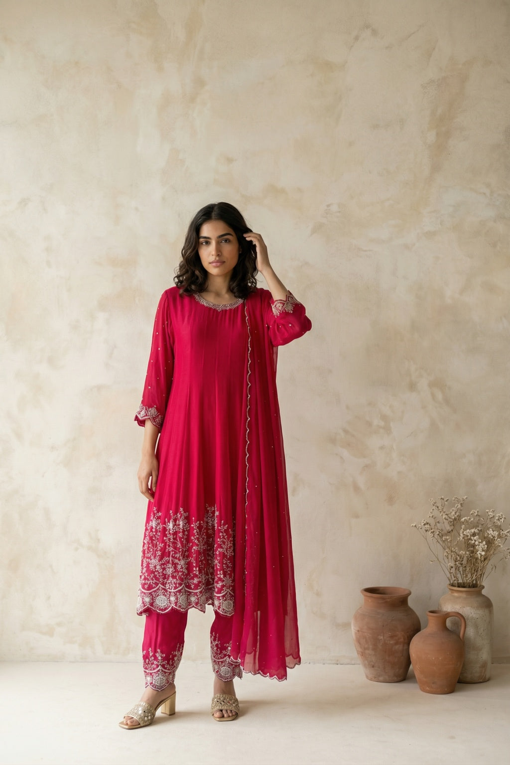 Red Crepe Chiffon Anarkali Set - Mokshaa