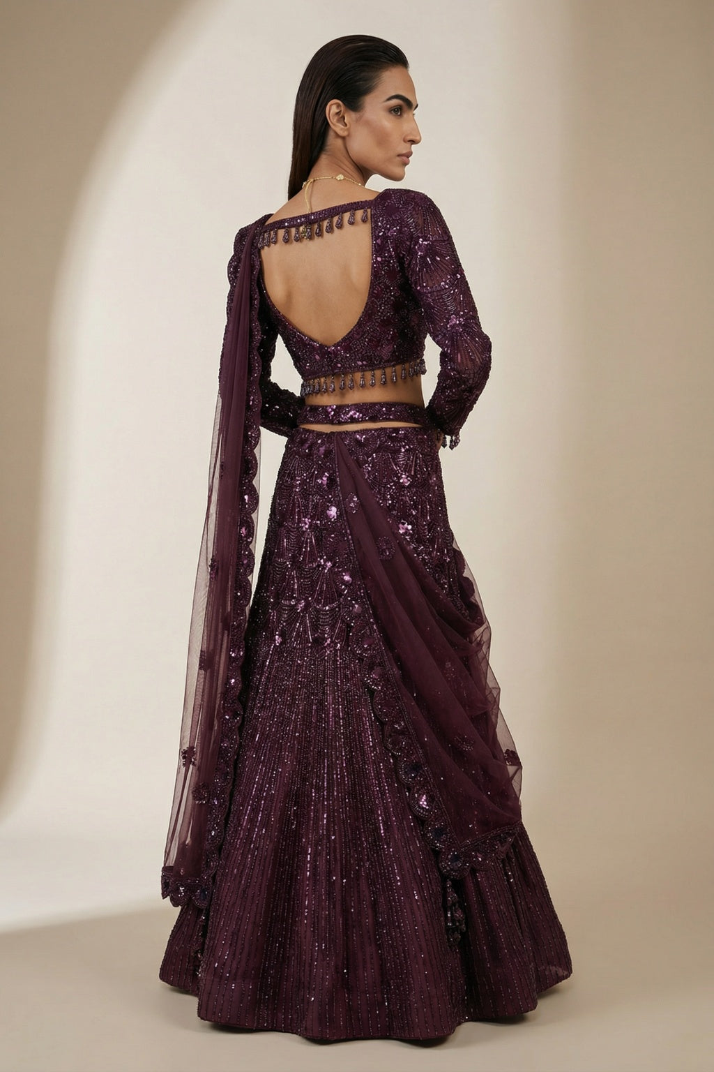 Wine Mermaid Lehenga Set with Belt - Mokshaa